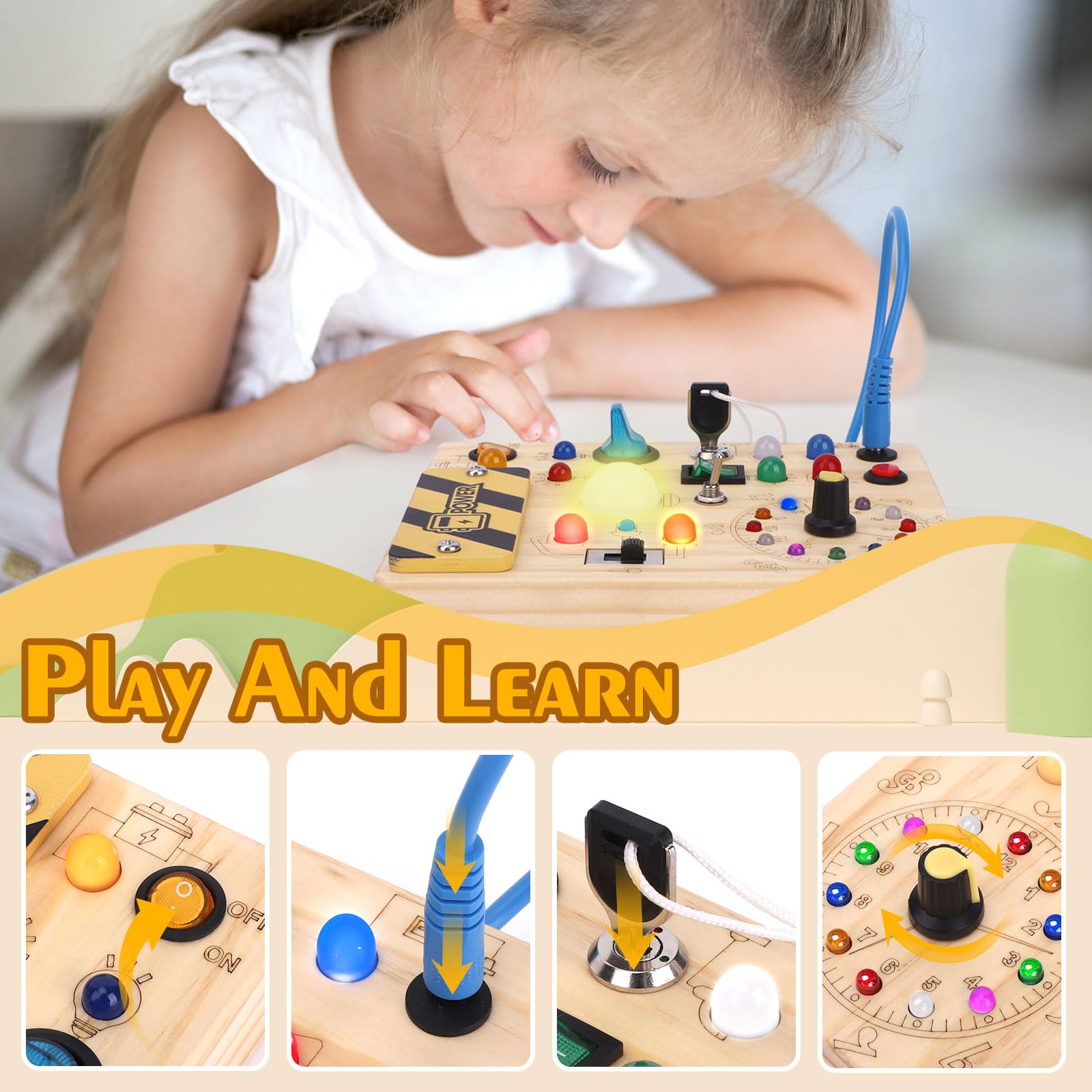 Montessori Wooden Busy Board with Clock & 11 LED Light Switches - Sensory Travel Toy for Toddlers 1+ Years Old - Perfect for Learning Time & Fine Motor Skills Development at Home or On the Go