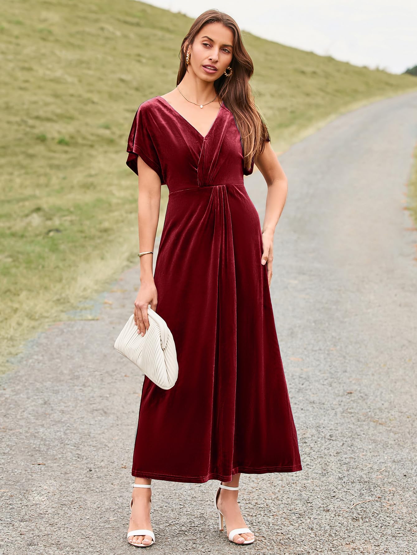 Simplee Women's Velvet Maxi Dress - Short Sleeve V-Neck Formal Bodycon Dress for Wedding Guest, Prom, Fall Events & Special Occasions
