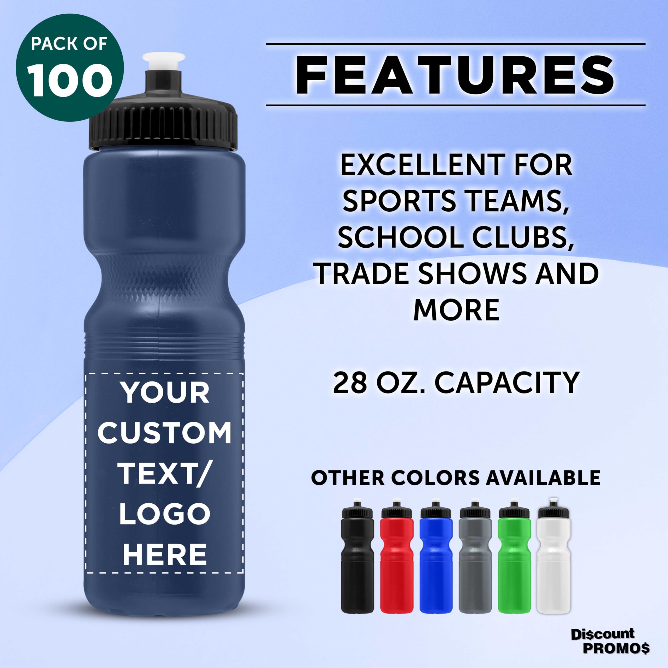 28 oz Custom Push Cap Plastic Water Bottles - Bulk Pack of 100 - Personalized Navy Blue Water Bottles for Gym, Hiking, Camping & Outdoor Sports - Ideal for Hydration at Workouts, Adventures and Team Events