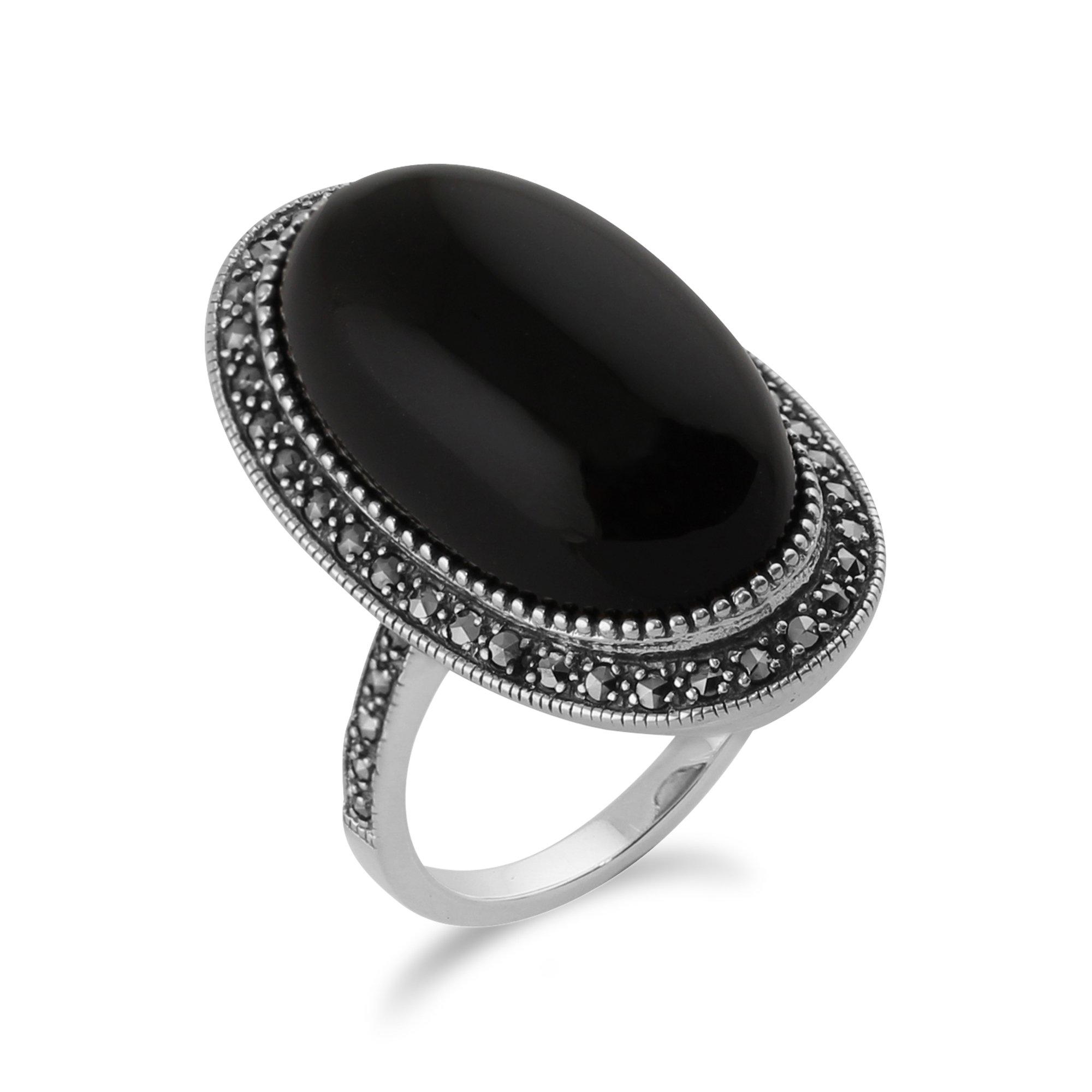 Gemondo Art Deco Style Sterling Silver Ring with 19.33ct Black Onyx & Marcasite - Elegant Oval Cocktail Ring for Women | Perfect for Evening Parties, Weddings & Special Occasions