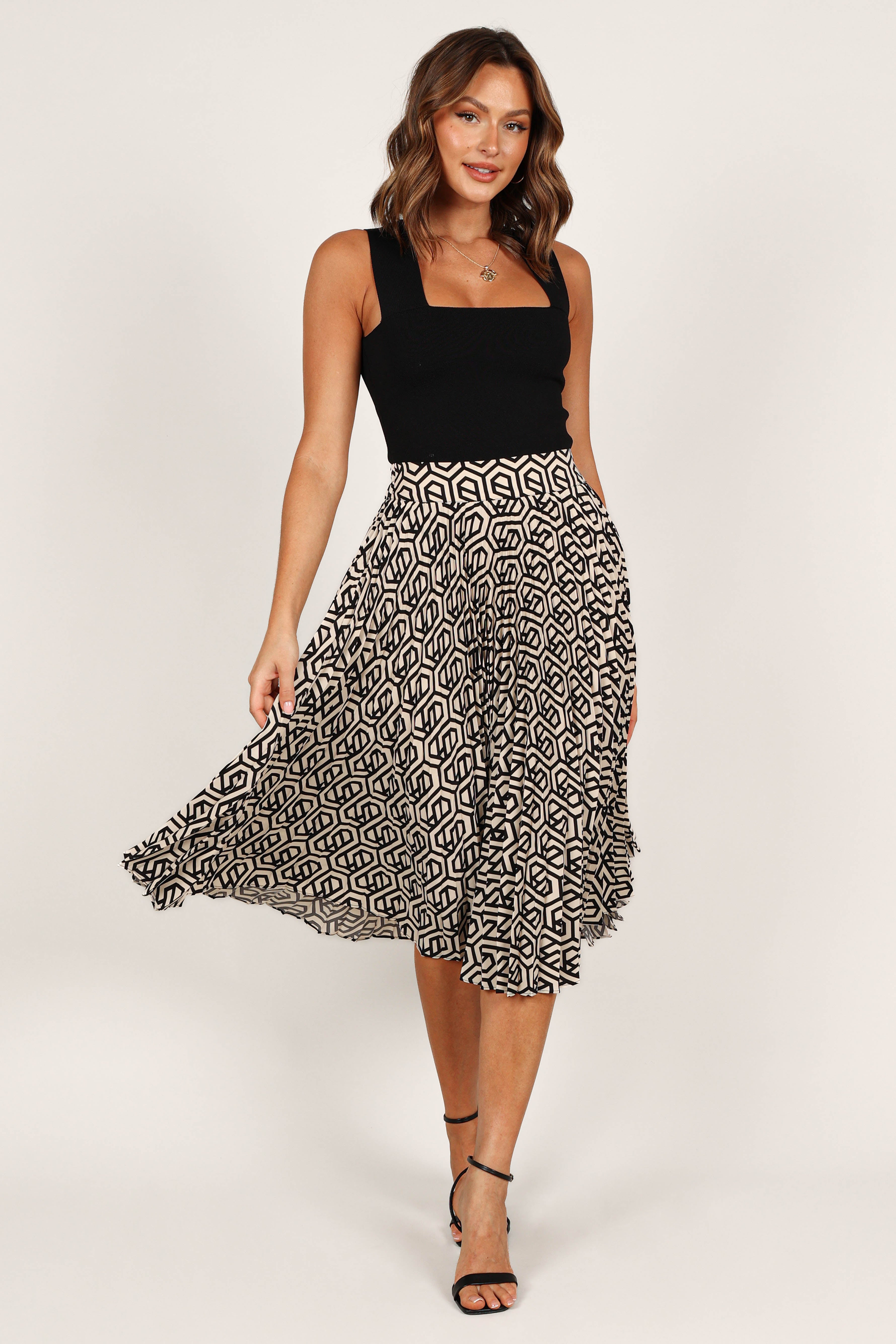 Carmel Pleat Midi Skirt - Black Print Floral Design | Women's A-Line Skirt for Office, Party & Casual Wear | Plus Size Available