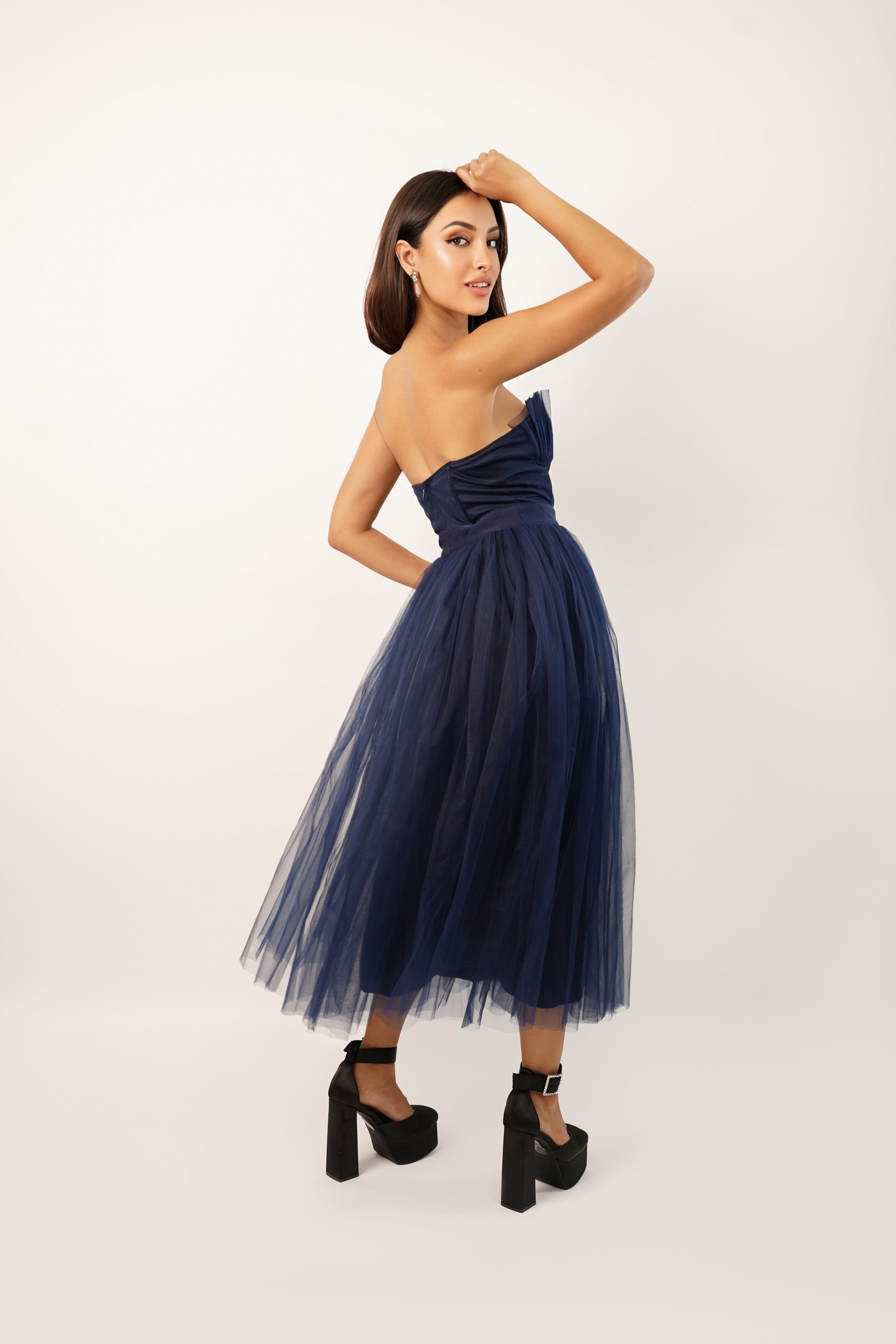 Nimo Dark Blue Tulle Midi Dress with Shell Cups - Elegant Formal Evening Gown for Prom, Wedding Guest & Cocktail Party