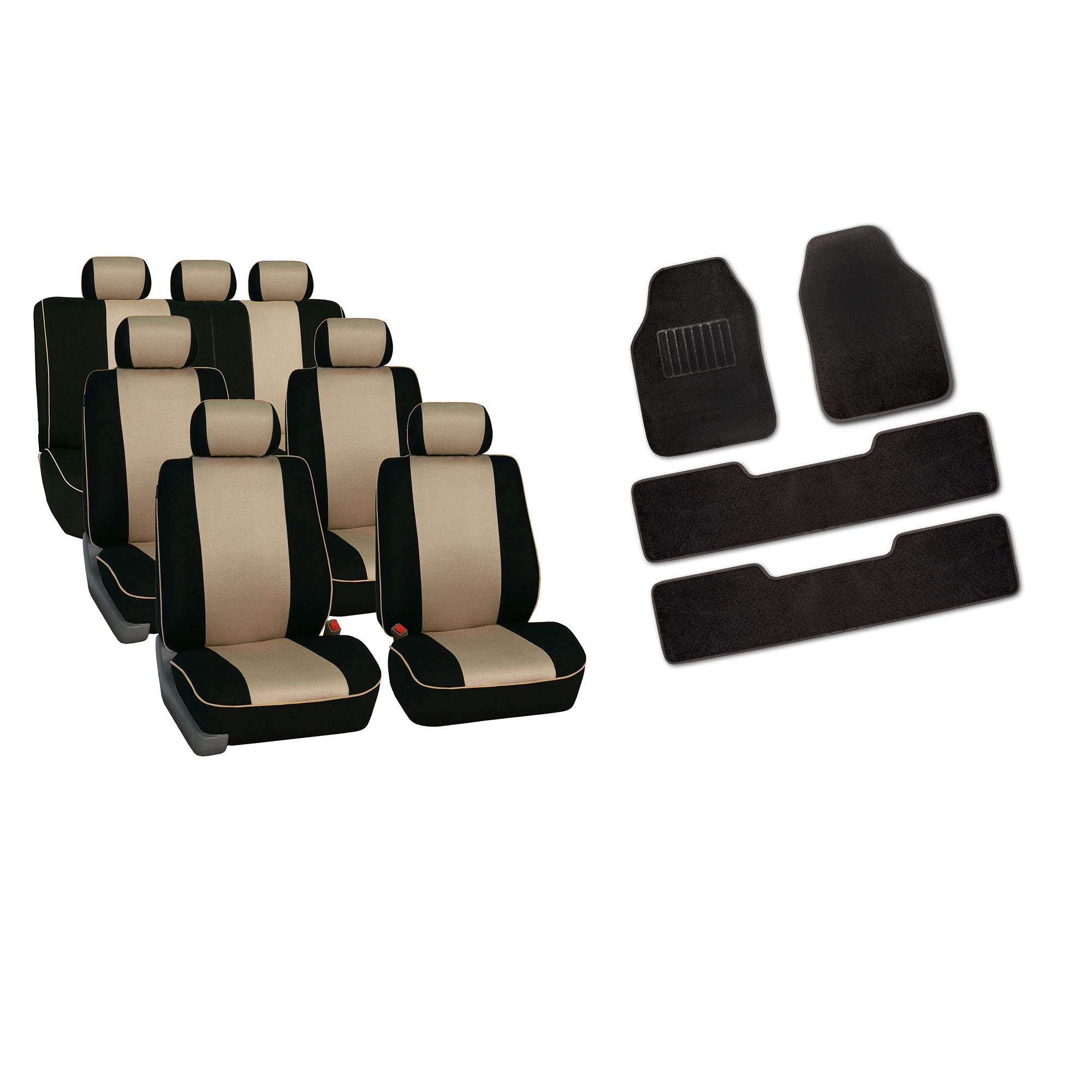 TLH 3-Row 7-Seater Beige Car Seat Covers Full Set - Airbag Compatible Split Bench Seat Protector with Black Car Floor Mats | Durable Automotive Interior Accessories for SUVs, Minivans & Family Vehicles