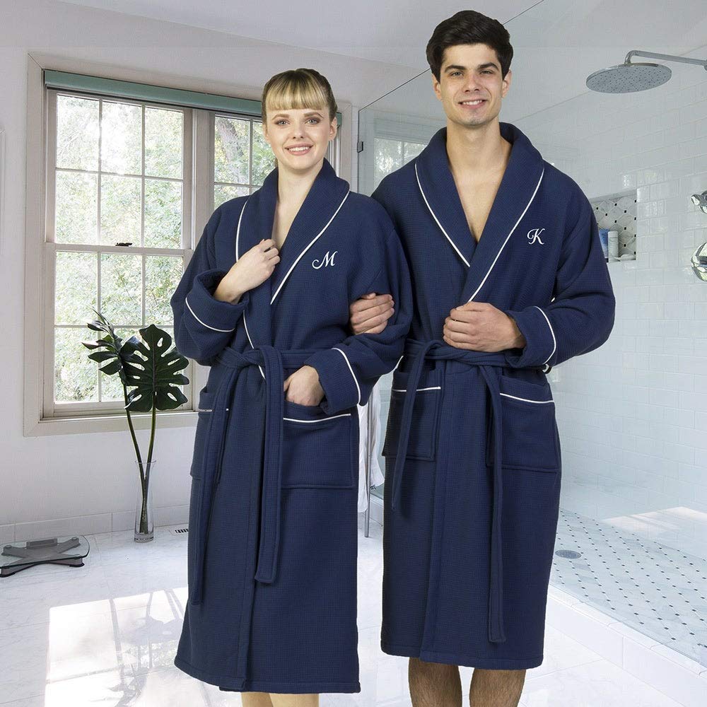 Premium Navy Blue Unisex Turkish Cotton Waffle Weave Bathrobe - Soft Terry Cloth Robe with White Monogram (Size Q S/M) - Perfect for Spa, Hotel Luxury & Cozy Home Relaxation