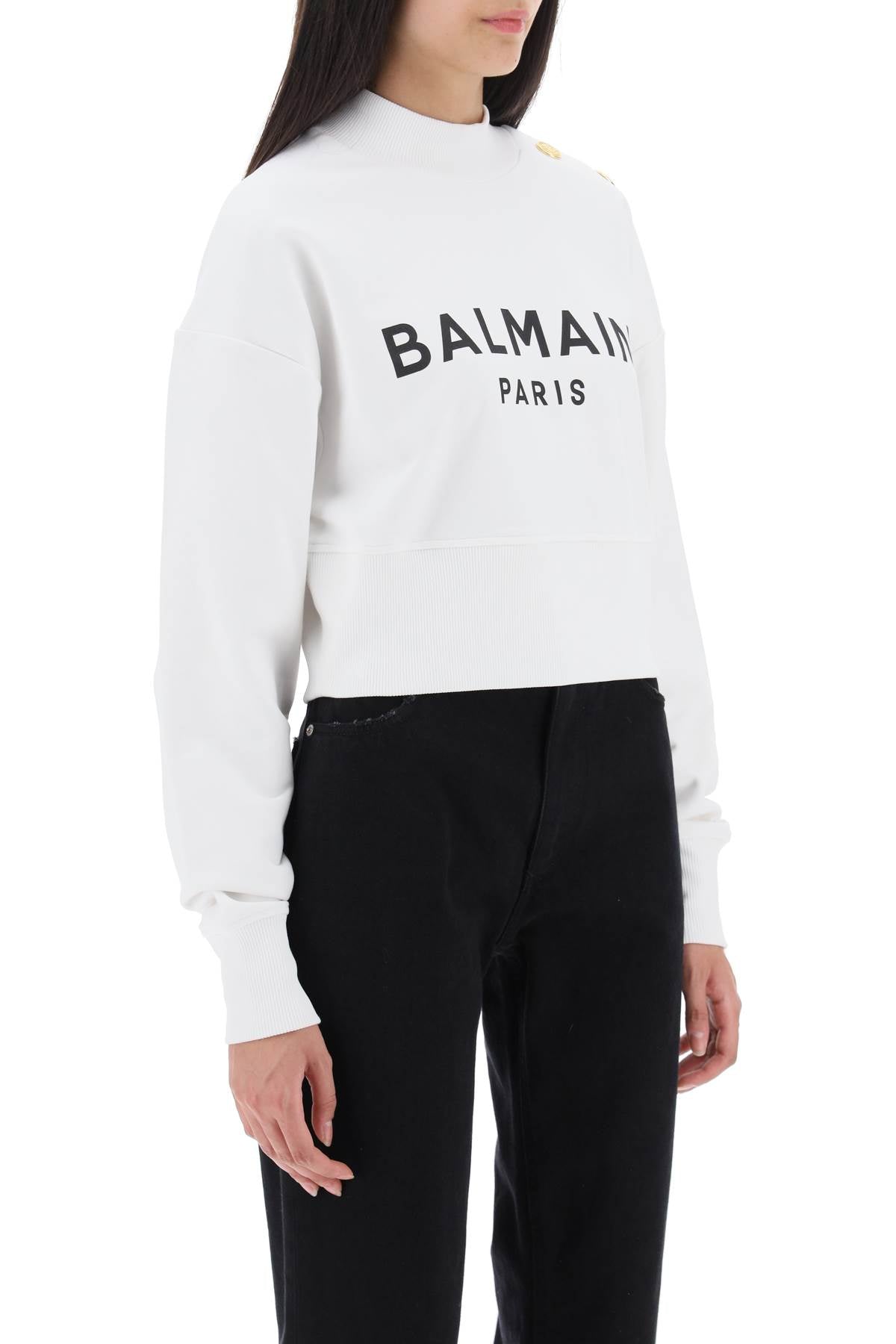 Balmain Cropped Sweatshirt for Women - Logo Print & Button Details | Stylish Casual Wear for Outings & Street Fashion