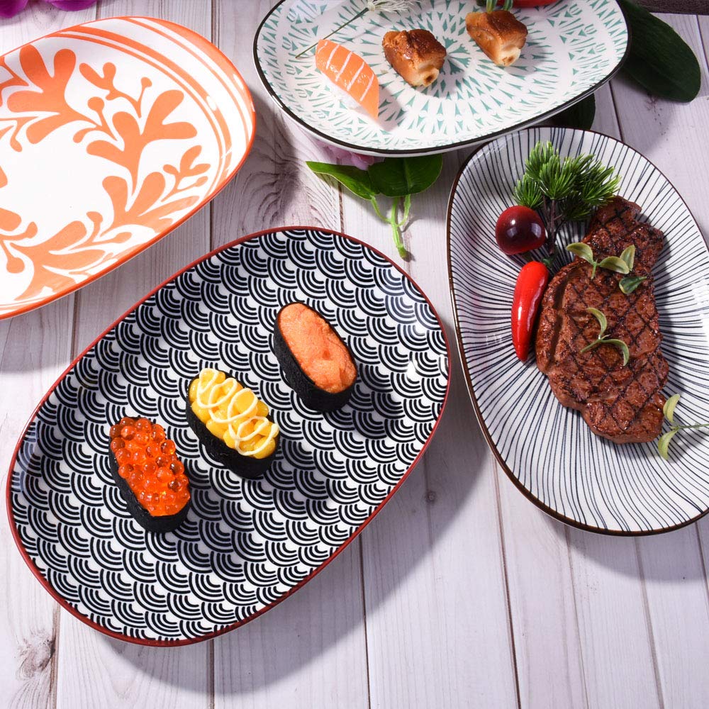 Premium Japanese Porcelain Sushi Plate Set - 4 Glazed Ceramic Dinner Plates 9.4 Inch Oval Fish Plates for Sushi, Appetizers & Asian Cuisine - Elegant Tableware for Restaurants, Home Dining & Parties
