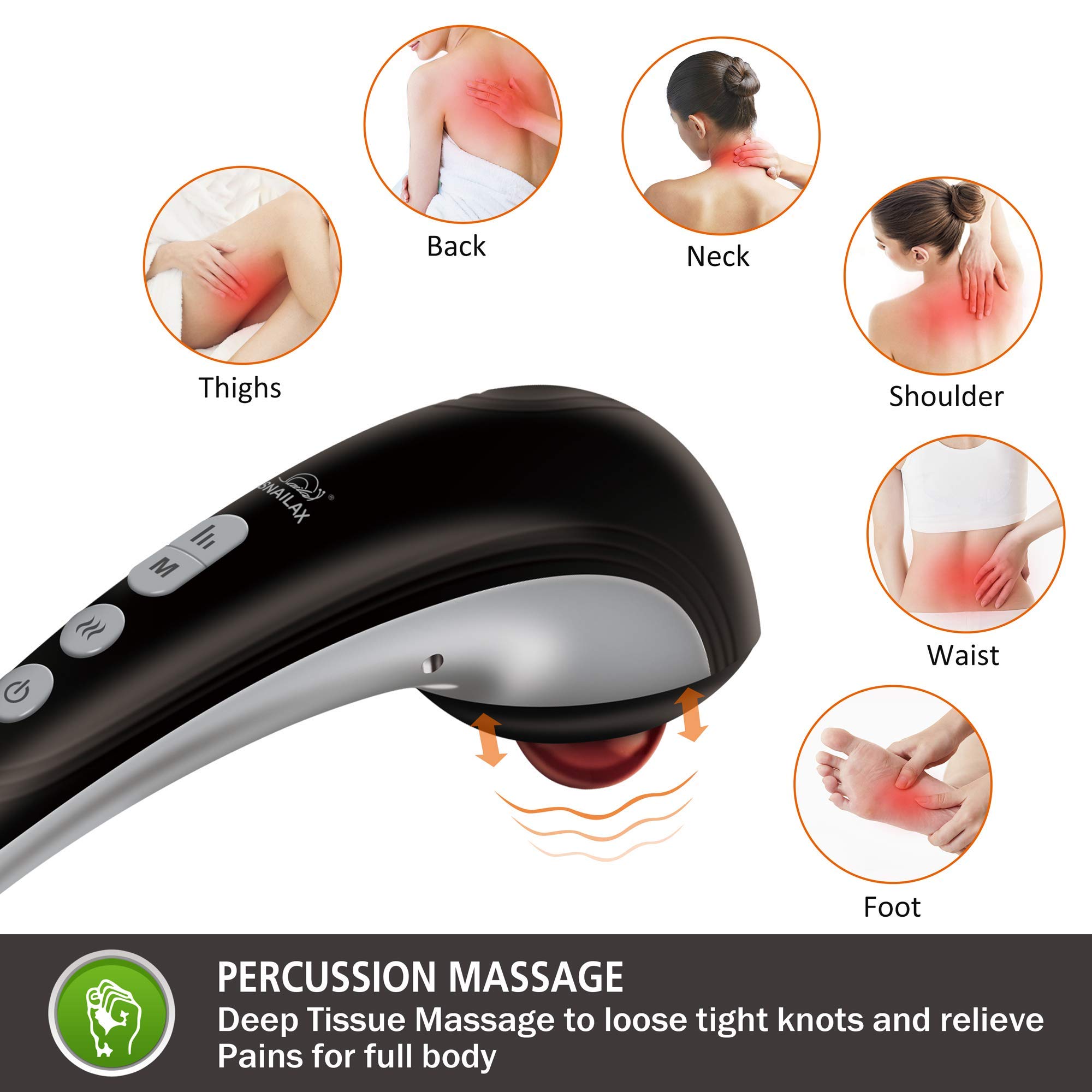 Snailax Cordless Handheld Back Massager with Heat - 2-in-1 Shiatsu Foot & Back Massager for Pain Relief - Electric Deep Tissue Massage Machine for Home, Office & Travel Use