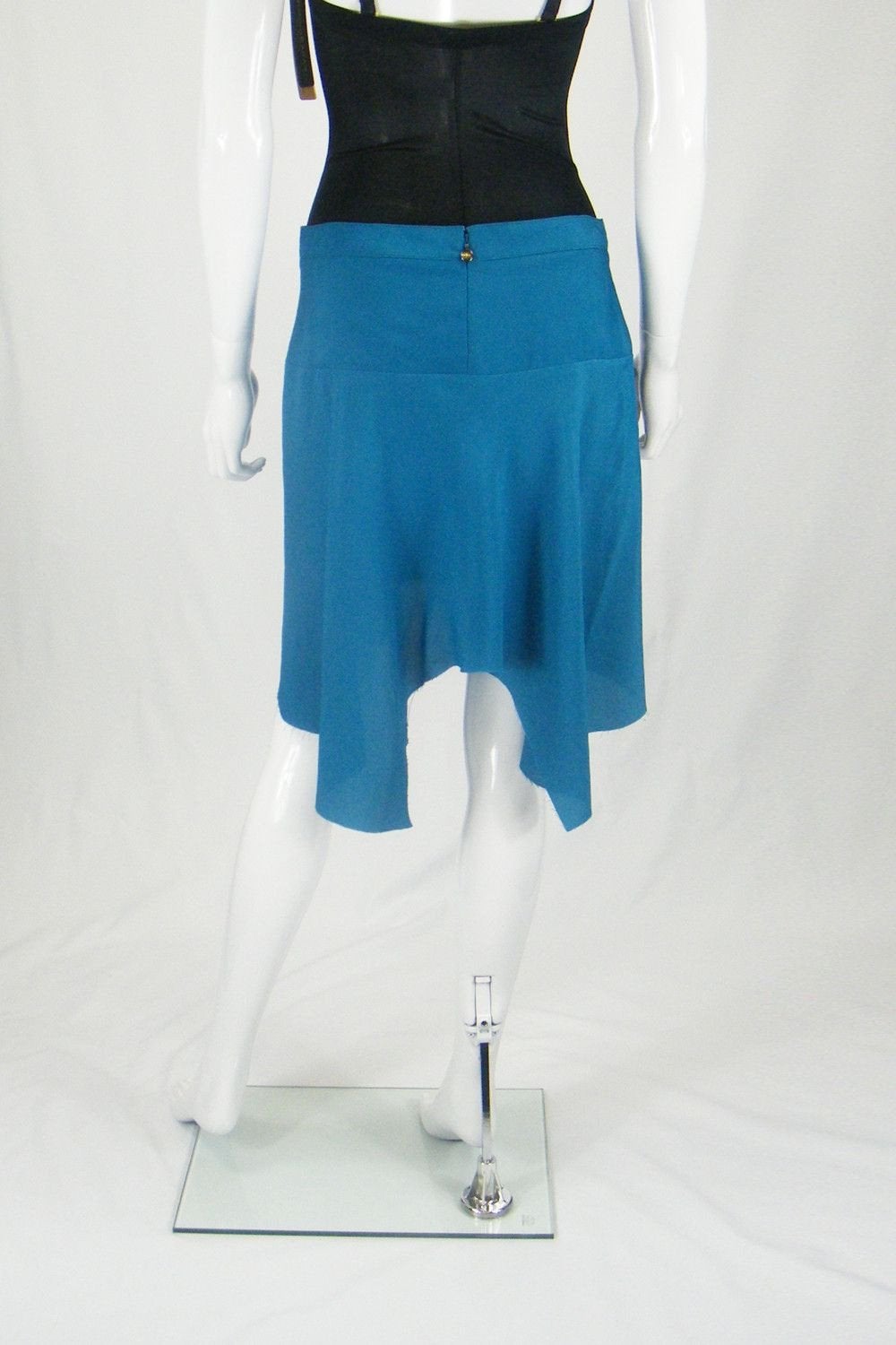 JUST CAVALLI Women's Blue Silk Blend Asymmetric Knee-Length Skirt with Raw Hem - Size UK 10 | Elegant Party Wear & Evening Cocktail Dress for Special Occasions