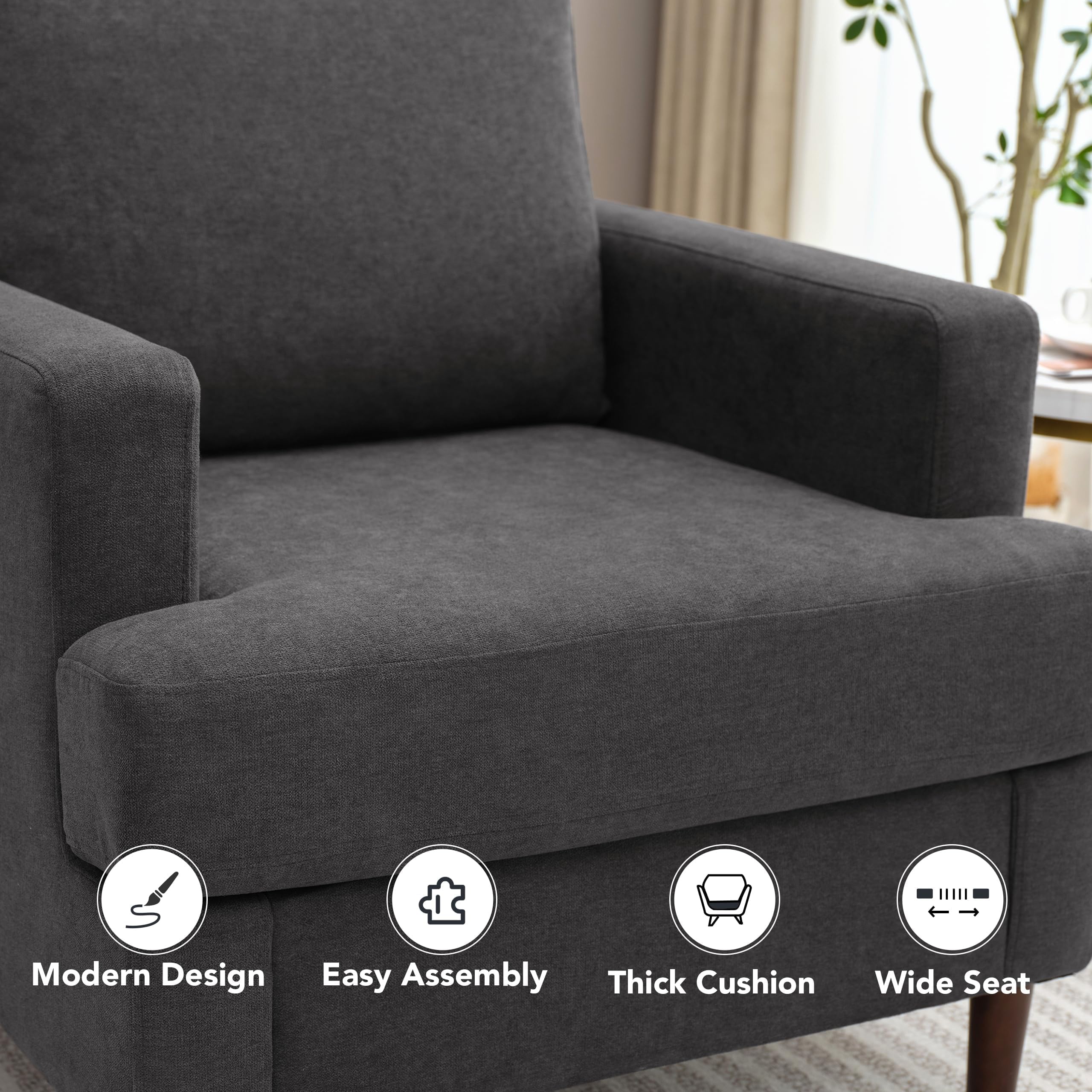 Mid-Century Modern Accent Chair - Linen Fabric Armchair with Wood Legs for Living Room & Bedroom - Dark Grey Upholstered Reading Chair - Comfortable Single Sofa for Relaxing & Decor (1 Pack) - Perfect for Home Office, Lounge & Cozy Spaces