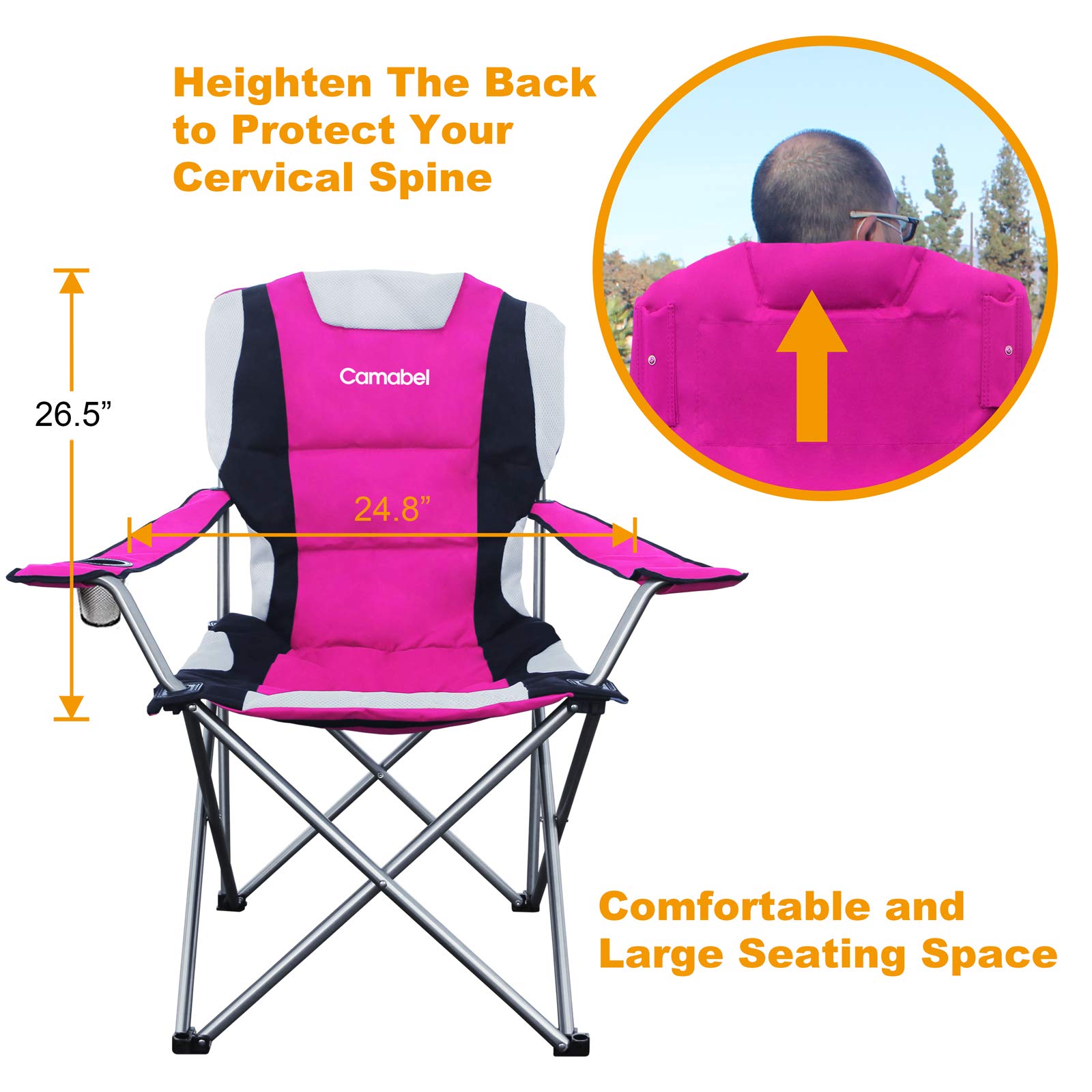 **Camabel 400lbs Oversized Folding Camping Chair - Heavy Duty Portable Collapsible Lawn Chair with Padded Seat & Cup Holder, Lightweight for Beach, Hiking, Fishing, Picnics, Backyard, BBQ, and Outdoor Events (Hanami Pink)**