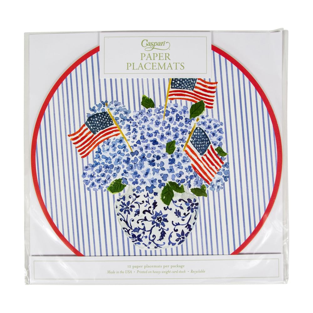 Caspari Flags and Hydrangeas Round Paper Placemats - 24 Count Set for Elegant Table Settings, Dinner Parties, and Seasonal Decorations