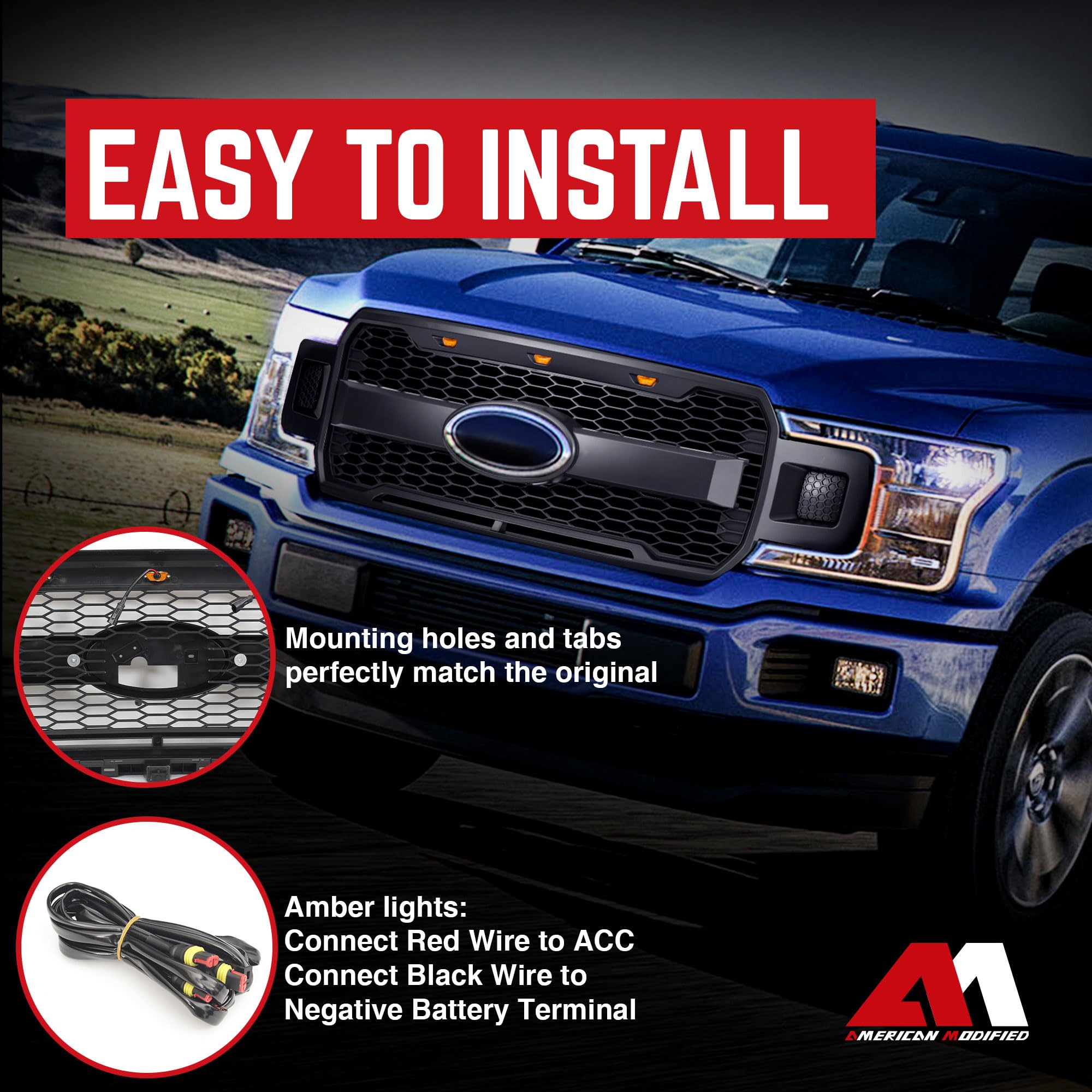 Raptor Style Mesh Grille with Amber LED Lights & Emblem Base for 2018-2020 Ford F150 | Matte Black | Off-Road & Street Upgrade | Enhanced Style & Durability