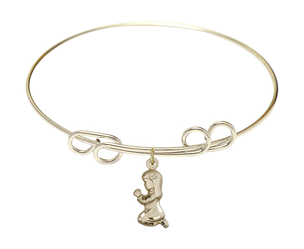 Gold-Filled Round Double Loop Bangle Bracelet with Praying Girl Charm - Elegant Jewelry for Women, Perfect for Everyday Wear, Gifts & Special Occasions