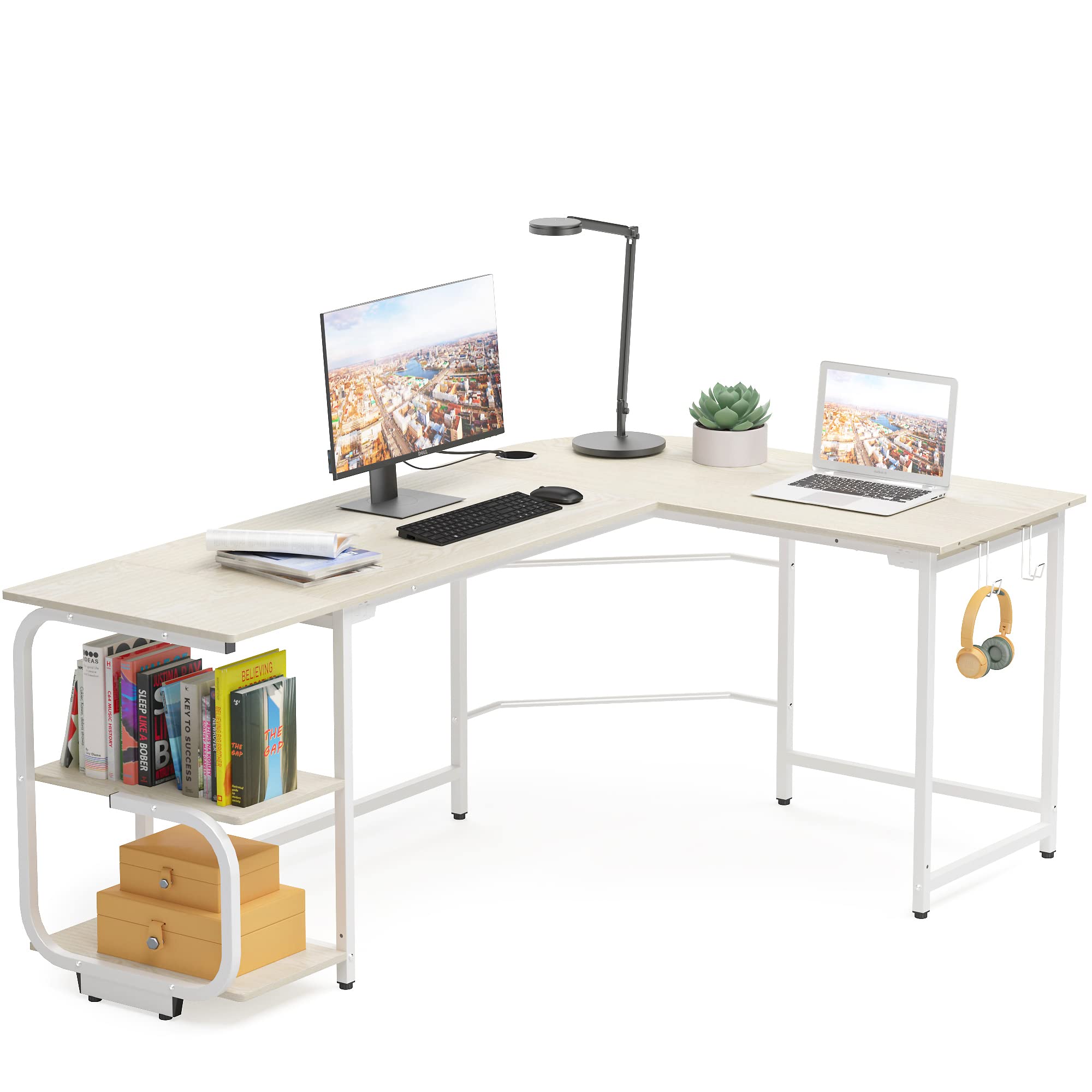 L Shaped Desk with Storage Shelves - Reversible Corner Computer Desk for Home Office & Gaming - Modern L-Shaped Workstation with Spacious Desktop (Beige) - Perfect for Small Spaces, Remote Work & PC Gaming Setups