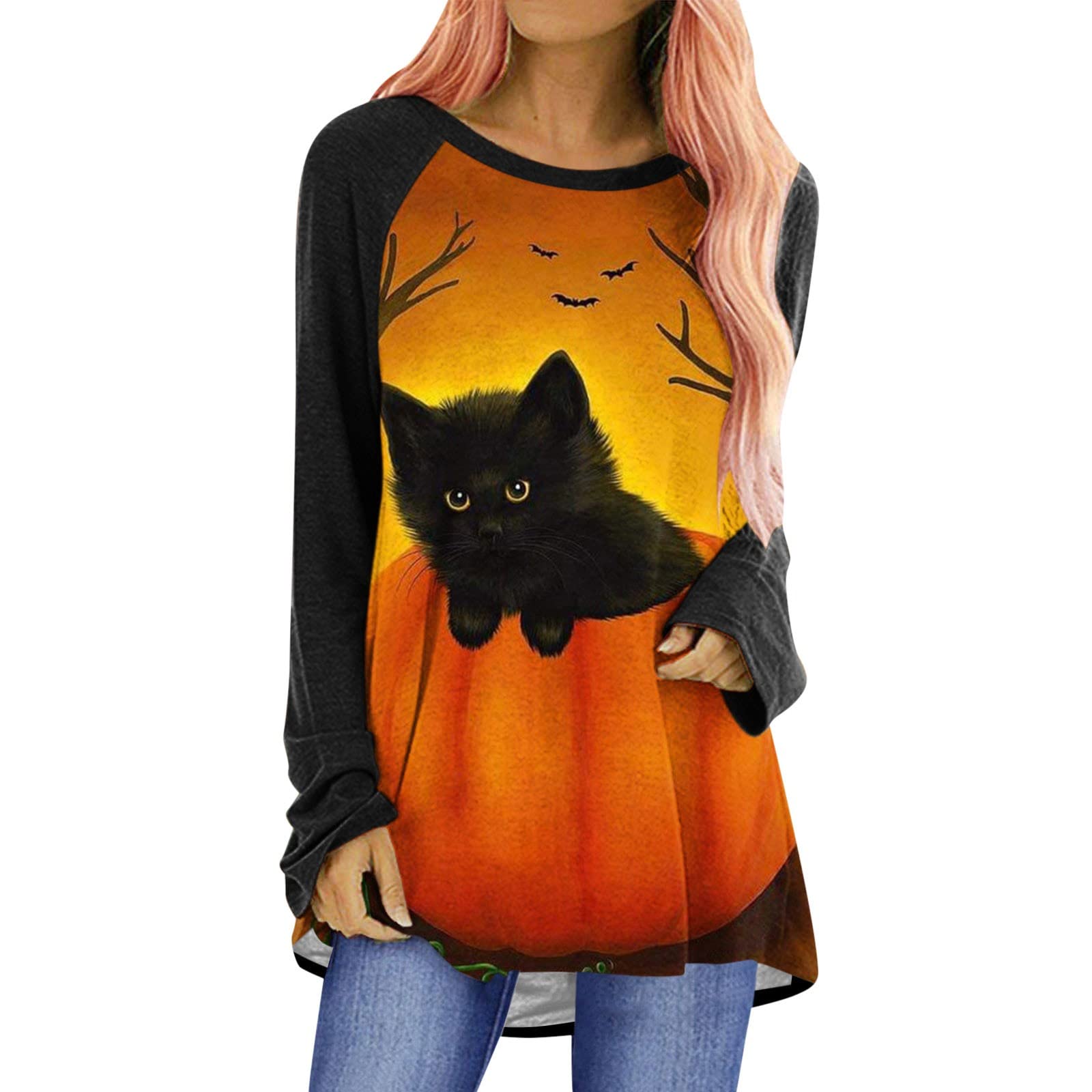 Halloween Women's Long Sleeve Crew Neck Pumpkin Cat Printed T-Shirt - Casual Loose Fit Comfortable Blouse for Costume Parties, Trick or Treating & Spooky Season Outfits