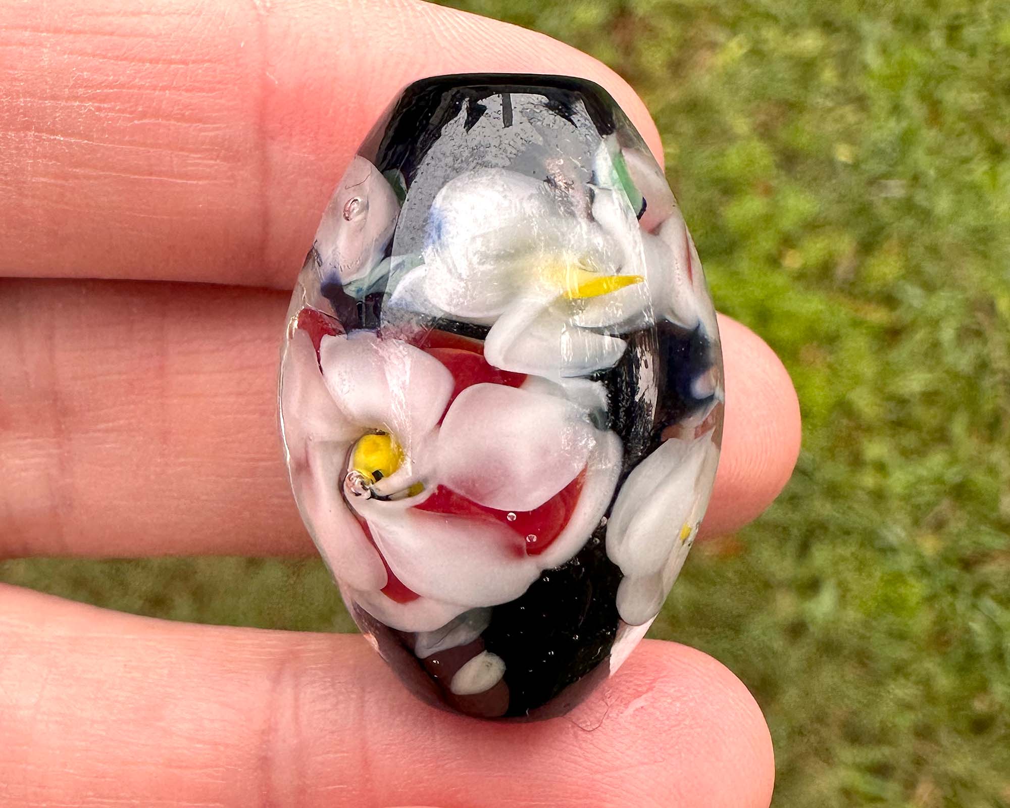 Handmade White & Red Floral Lampwork Glass Focal Bead for Jewelry Making - Perfect for Necklaces, Bracelets, and DIY Craft Projects