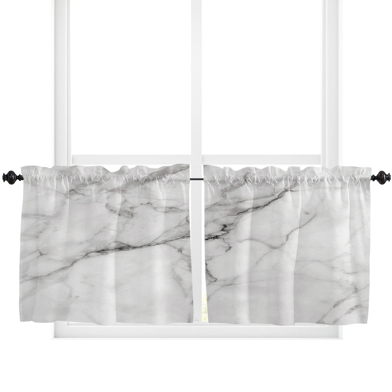 Marble Crack Design Window Curtains Set of 2 - 55''x36'' White Tier Kitchen Drapes with Rod Pocket for Half Windows - Perfect for Bathroom, Cafe & Small Kitchen Decor