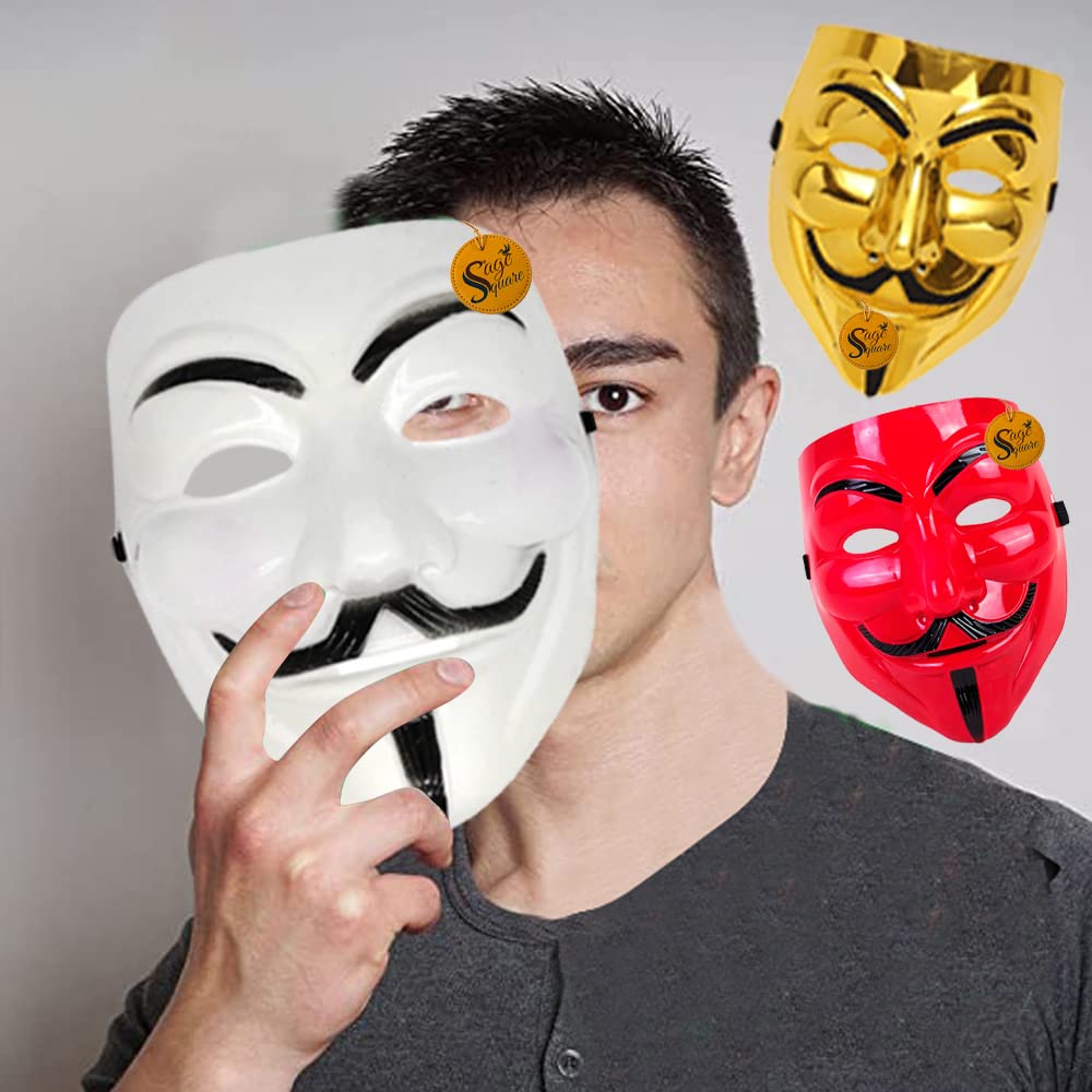V for Vendetta Anonymous VIP Edition Face Mask Set of 3 - Sage Square White, Red & Golden Fawkes Mask for Cosplay, Halloween, Protests & Political Events - Perfect Fit Breathable Costume Accessory