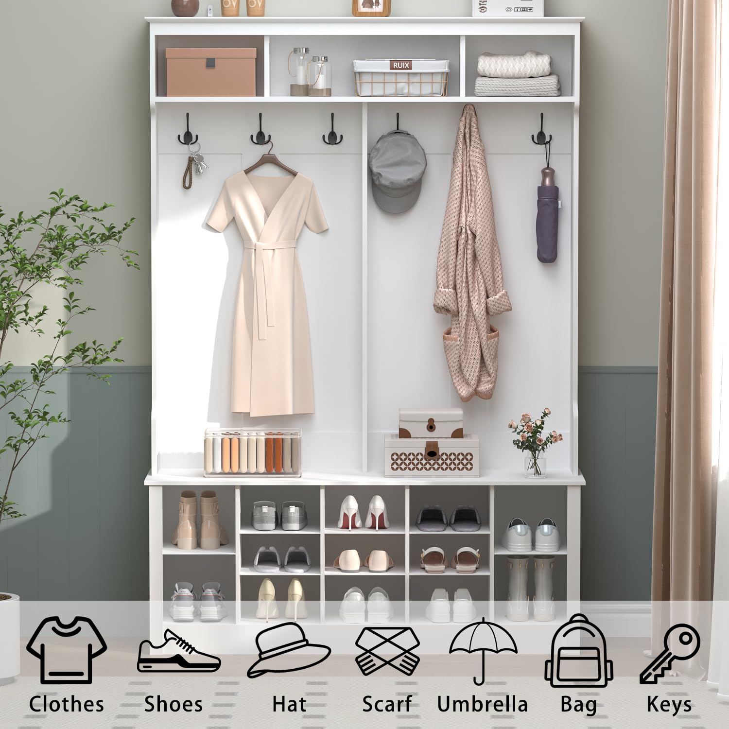 5-in-1 Hall Tree with Bench & Shoe Storage - Entryway Organizer with Coat Rack, Adjustable Shelves & Hooks - Perfect for Foyer, Hallway or Bedroom - White Entryway Furniture for Home Organization