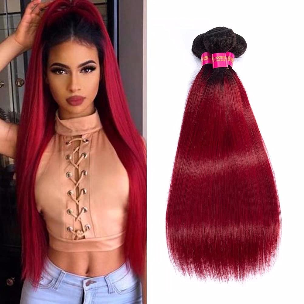 FEEL ME Ombre Straight Hair Bundles 8A Premium Brazilian Virgin Human Hair Extensions - 3 Bundles (12 14 16 Inch) Burgundy Red Ombre Color 1B for Styling, Volume & Length - Perfect for Parties, Weddings & Daily Wear