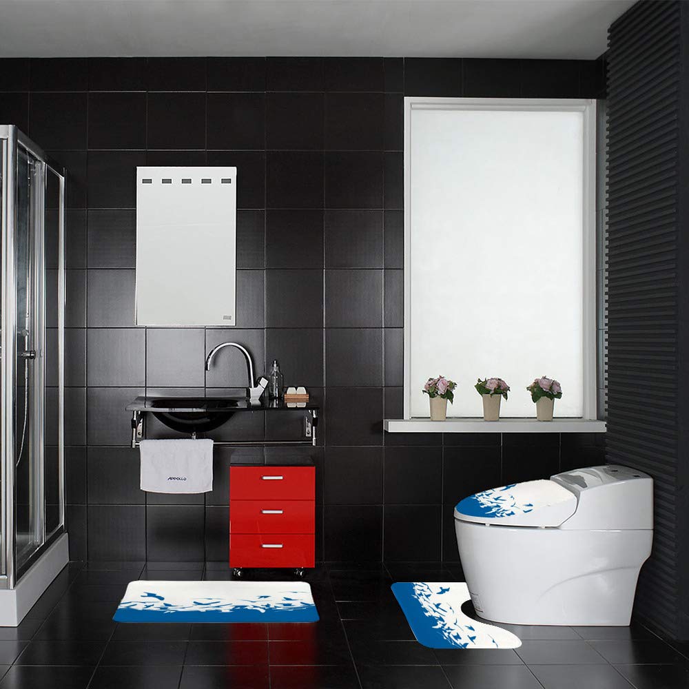 Non-Slip 3-Piece Bathroom Rug Set - Soft Coral Fleece Contour Toilet Mat, Lid Cover & Shower Mat with Seagull Silhouette Design | Water Absorbent Bath Mats for Modern Bathrooms, Perfect for Home & Guest Bath Decor