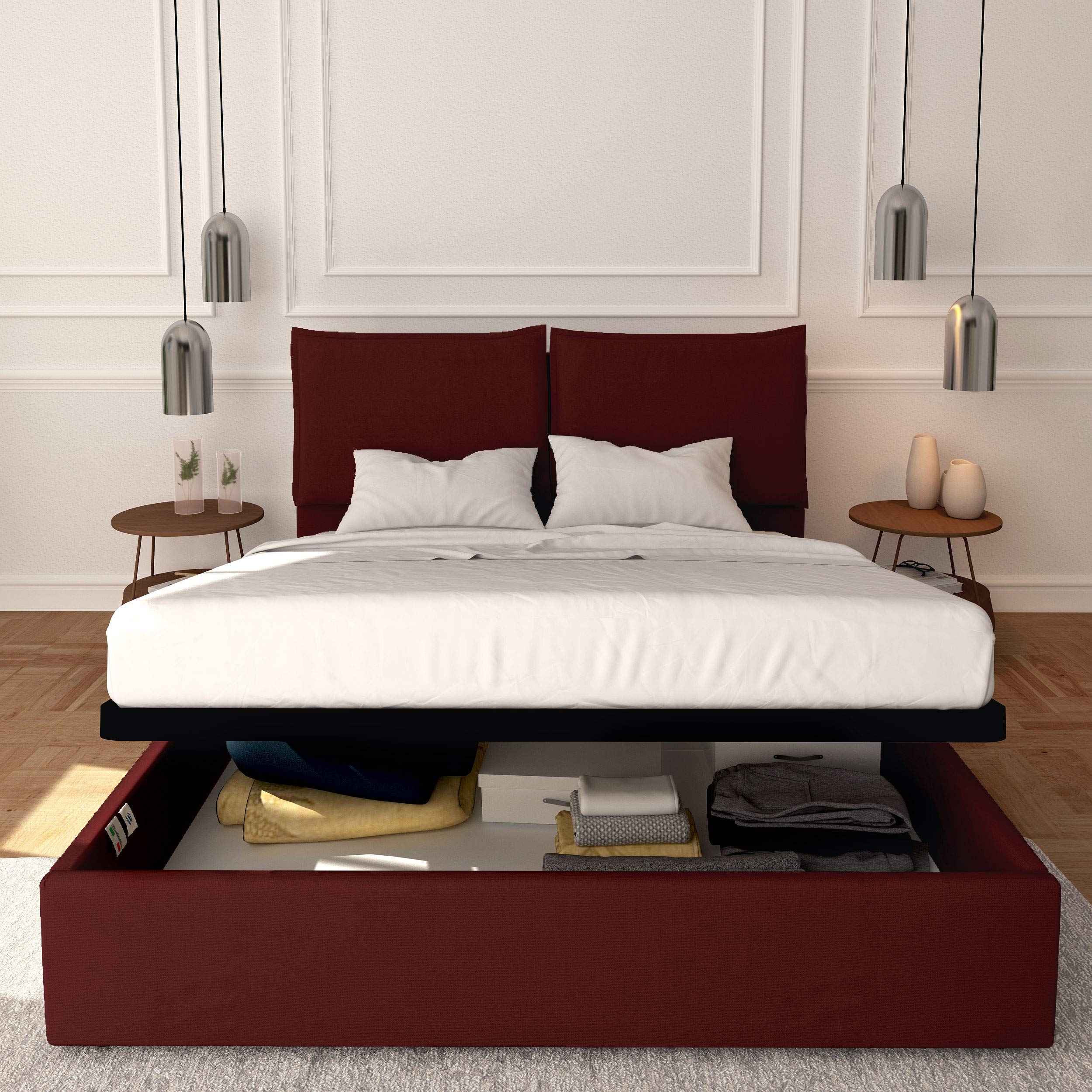 Baldiflex Queen Size Bed with Storage - Licia Faux Leather Upholstered Platform Bed Frame with Slatted Base, Headboard, 160x190cm Mattress Compatible - Perfect for Modern Bedrooms & Small Spaces