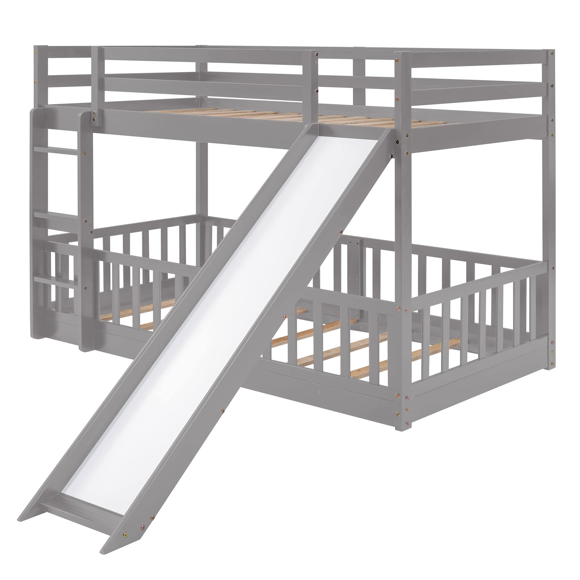 Twin Over Twin Bunk Bed with Slide and Ladder - Wooden Low Loft Bed Frame for Kids, Toddlers, Boys & Girls - Space-Saving Gray Bedroom Furniture for Small Rooms, Kids' Bedrooms & Sleepovers