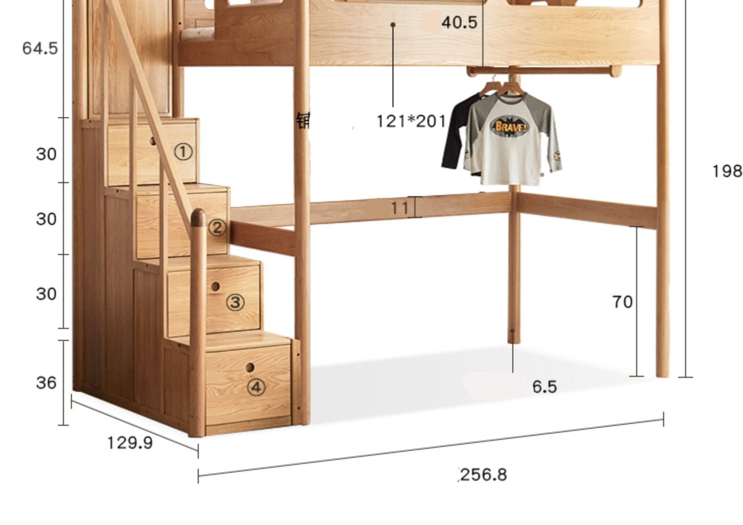 Solid Oak Wood Loft Bed with Storage Cabinet - Space-Saving Furniture for Small Rooms, Kids Bedroom & Dormitory