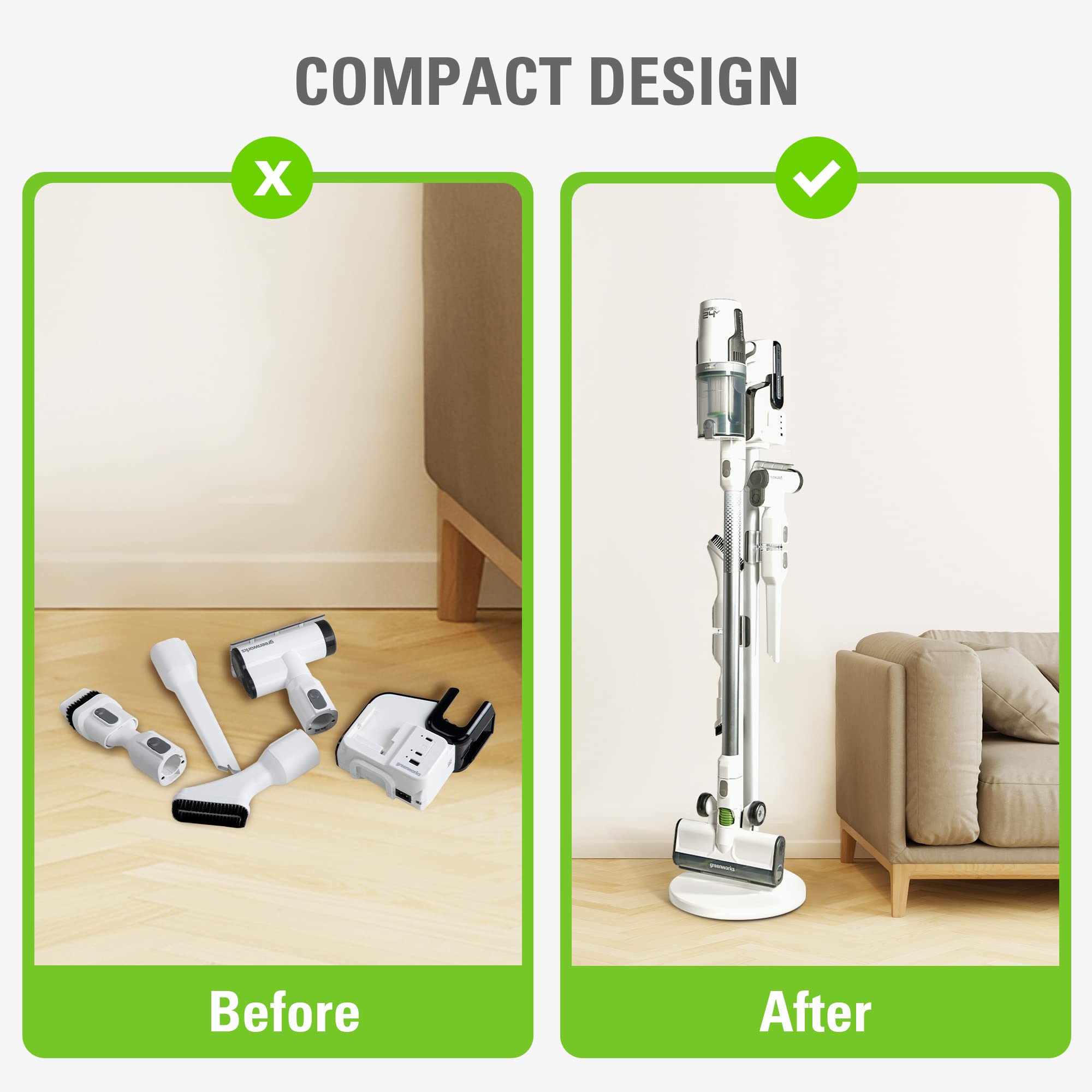 Greenworks GA9102 Stick Vacuum Cleaner Charger Stand & Holder - 2-Piece White Accessory Set | Cordless Vacuum Storage Solution for Home & Garage Organization