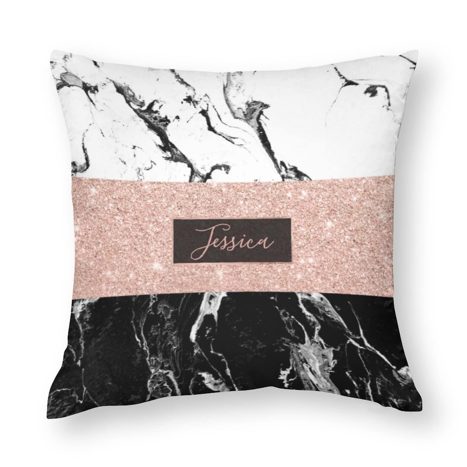 Monogram Black White Marble Rose Gold Stripes Outdoor Pillow Covers - Waterproof Decorative Throw Pillow Cases for Patio, Garden, Poolside & Porch Furniture
