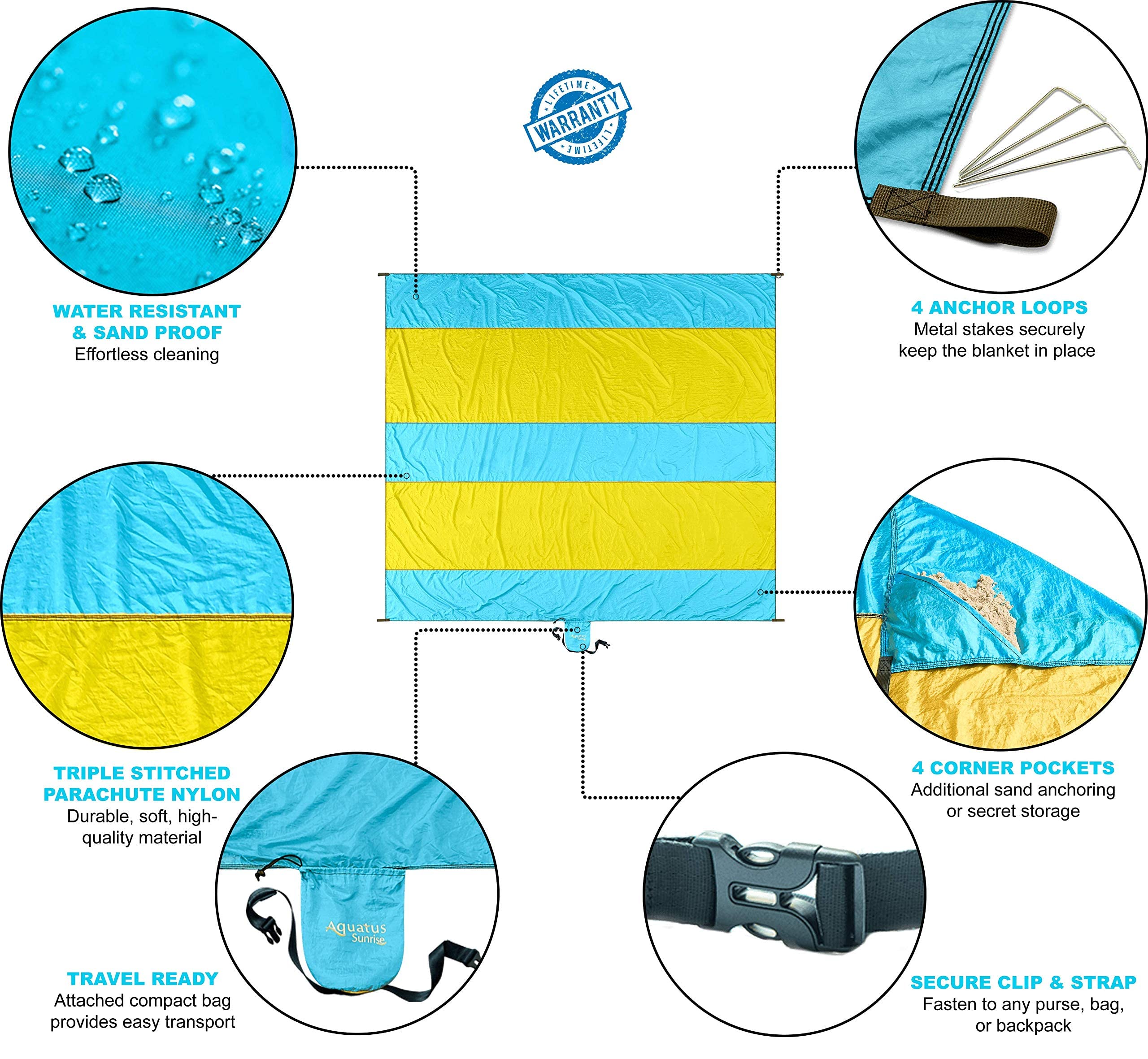 Extra Large 10ft x 9ft Sandproof Waterproof Quick Dry Beach Blanket - Portable Picnic Mat with 4 Metal Stakes & Corner Pockets for 1-8 Adults - Includes Carrying Bag & Secure Clip - Perfect for Beach, Park, Camping and Outdoor Activities