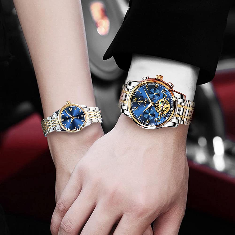 OLEVS Automatic Couple Watches for Men and Women - His and Hers Matching Mechanical Self-Winding Tourbillon Dress Watches with Day Date Calendar, Big Face, Two Tone - Perfect Anniversary Gift for Couples, Wedding, Valentine's Day & Special Occasions