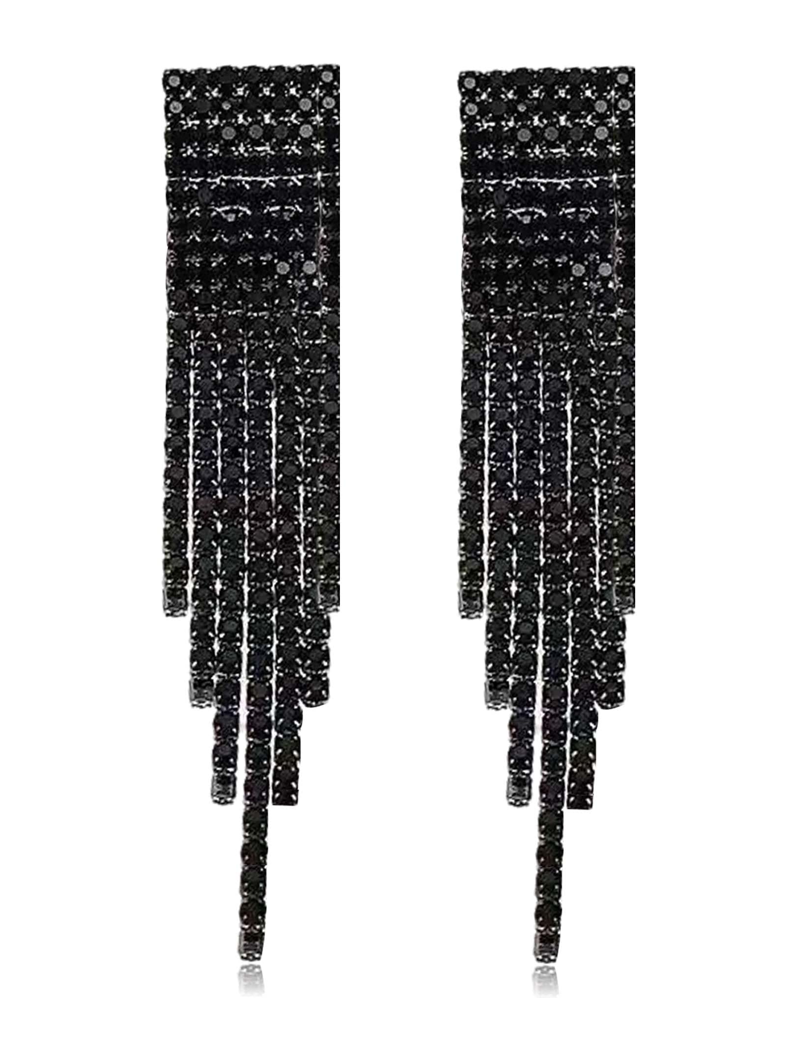 Sparkling Black Rhinestone Crystal Earrings for Women – Long Tassel Waterfall Fringe Chandelier Earrings for Bride & Bridesmaids | Perfect for Weddings, Parties & Special Occasions