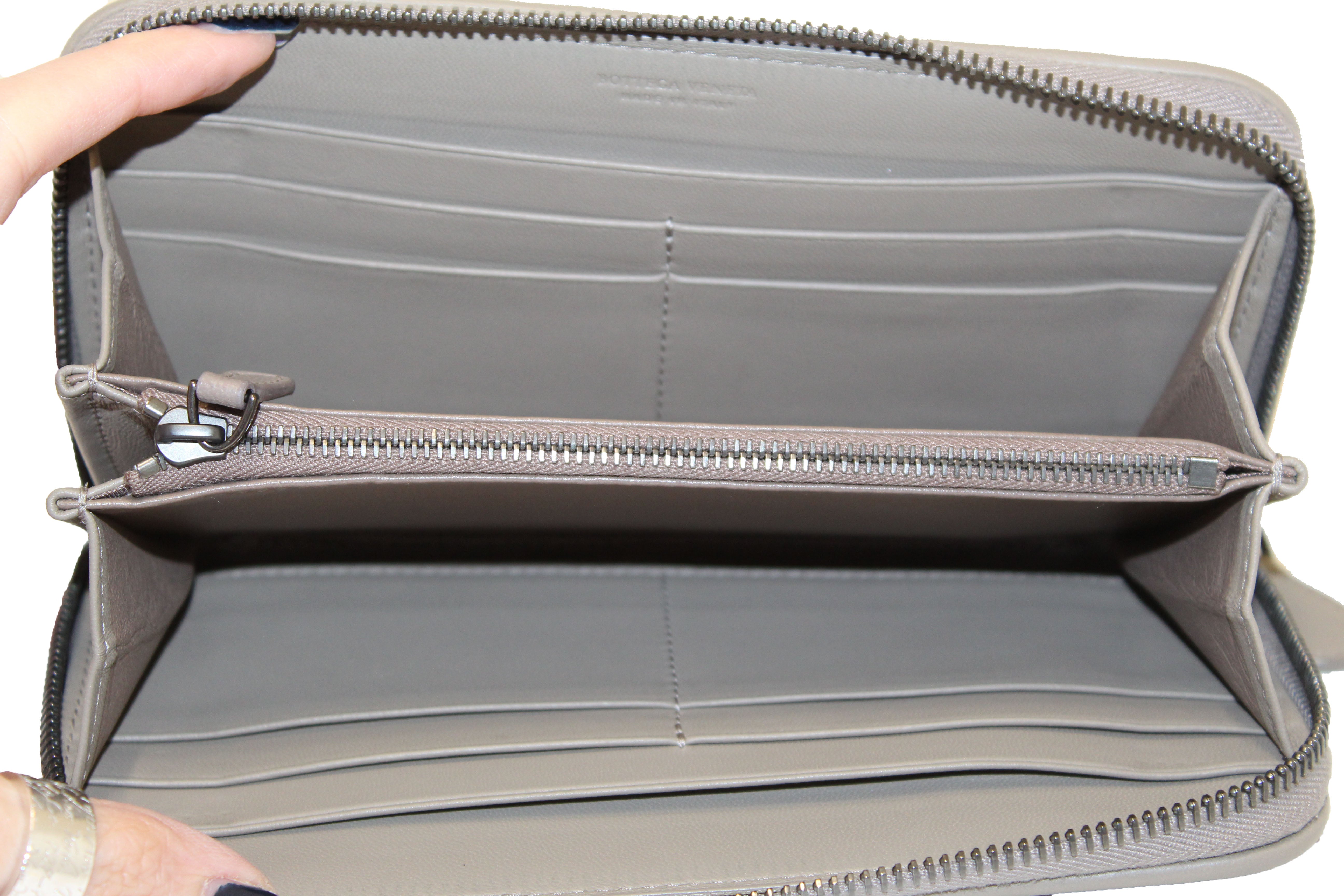 Authentic Bottega Veneta Grey Nappa Intrecciato Leather Zip Around Wallet for Men & Women | Luxury Designer Bifold Wallet with RFID Protection | Perfect for Everyday Use, Travel & Gifts