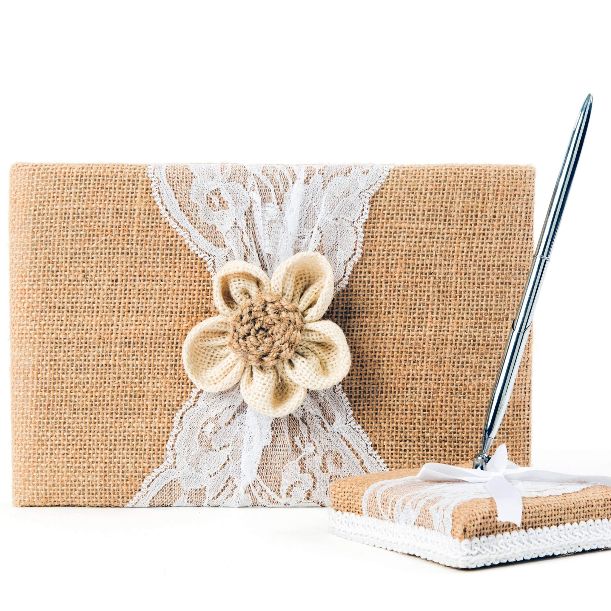 Rustic Wedding Guest Book with Burlap & Lace Cover - Includes Burlap Pen Holder & Silver Pen - 120 Lined Pages for Guest Messages - Elegant Gift Box (Petal Flower Design) - Perfect for Weddings, Anniversaries & Special Events