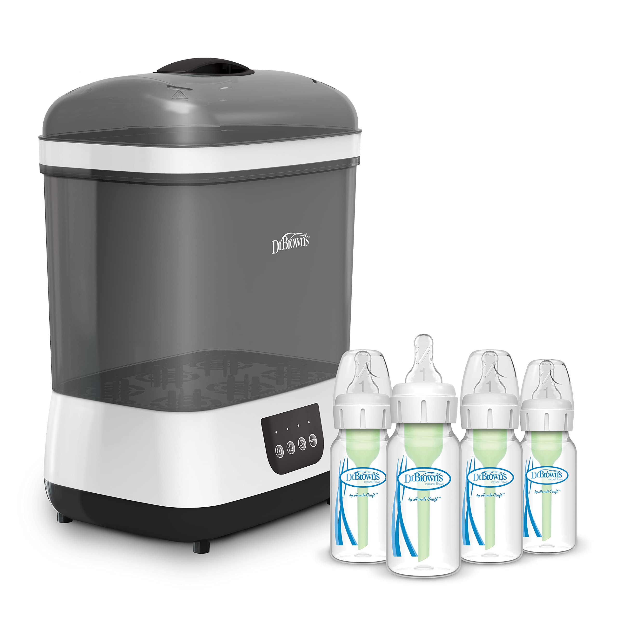 Dr. Brown's Baby Bottle Sterilizer and Dryer - 4 Pack 4oz/120ml Narrow Bottles with Pacifier Cleaning - Safe Steam Sanitizer for Breastmilk & Formula - Perfect for Daycare, Travel & Home Use