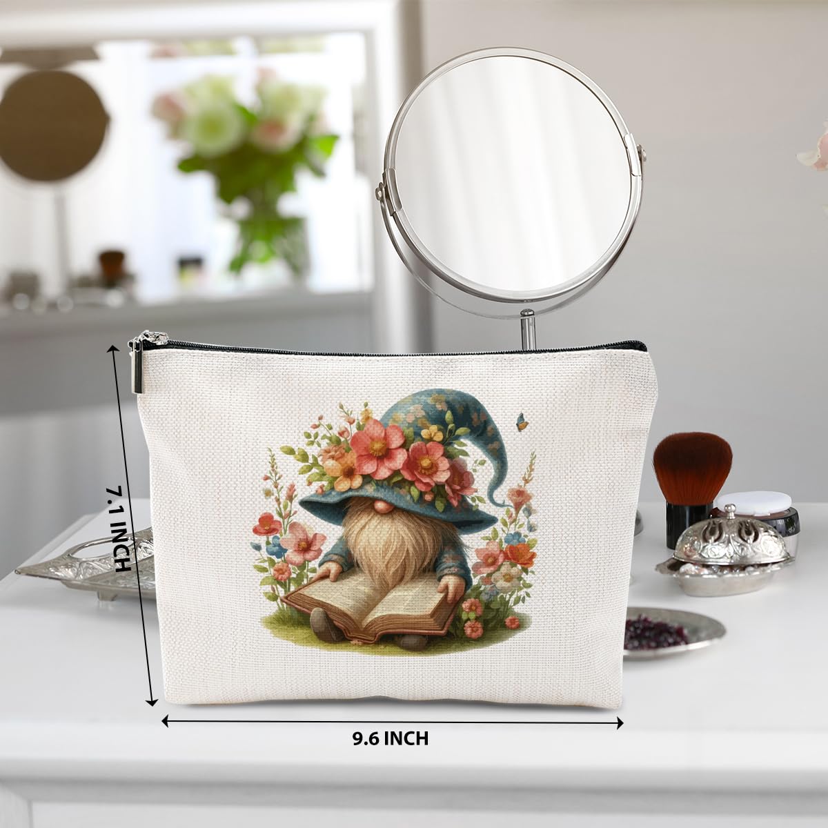 Floral Gnome Makeup Bag - Cute Cosmetic & Toiletry Pouch for Women, Bestie, Daughter - Funny Gnome Gifts for Christmas, Birthday, Graduation - Perfect Friendship Gift for Girls & Women - Great for Travel, Daily Makeup Storage & Gift Giving