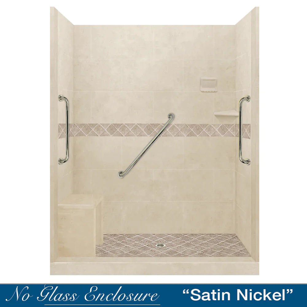 Freedom 60 Alcove Shower Kit - DIY Shower Remodel with Desert Sand Sistine Stone & Diamond Stone Accent | Includes Free Shampoo Niche | Easy Bathroom Upgrade for Home Renovation Projects