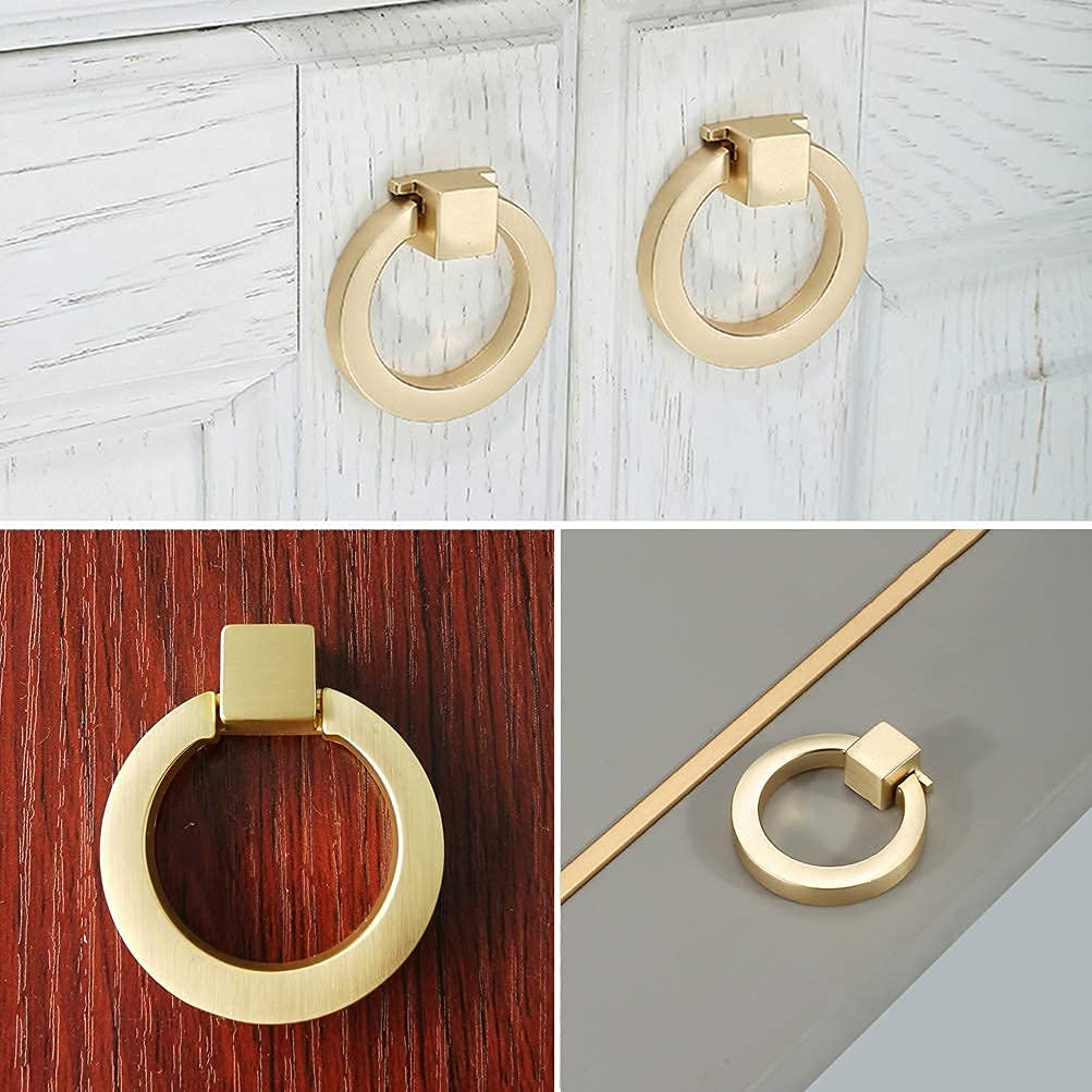 6 Pack Brushed Gold Cabinet Ring Pulls - Solid Brass Drawer Handles for Kitchen Cabinets, Dressers & Furniture Hardware - Elegant & Durable Home Upgrade (6.3