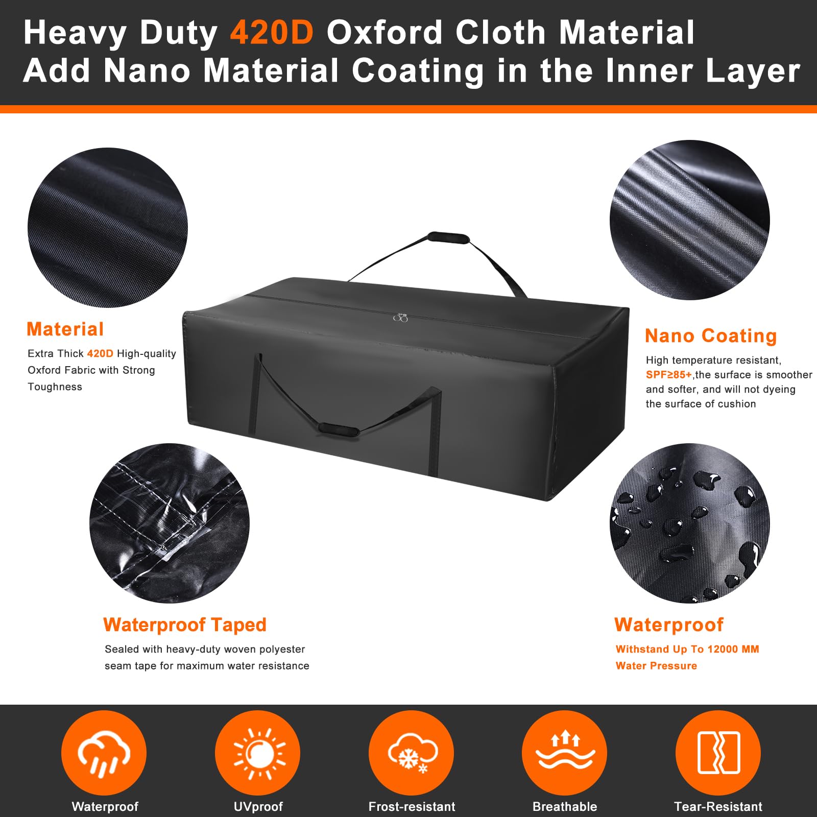 Large Heavy Duty 420D Waterproof Patio Cushion Storage Bag with Zipper & Handles - 62