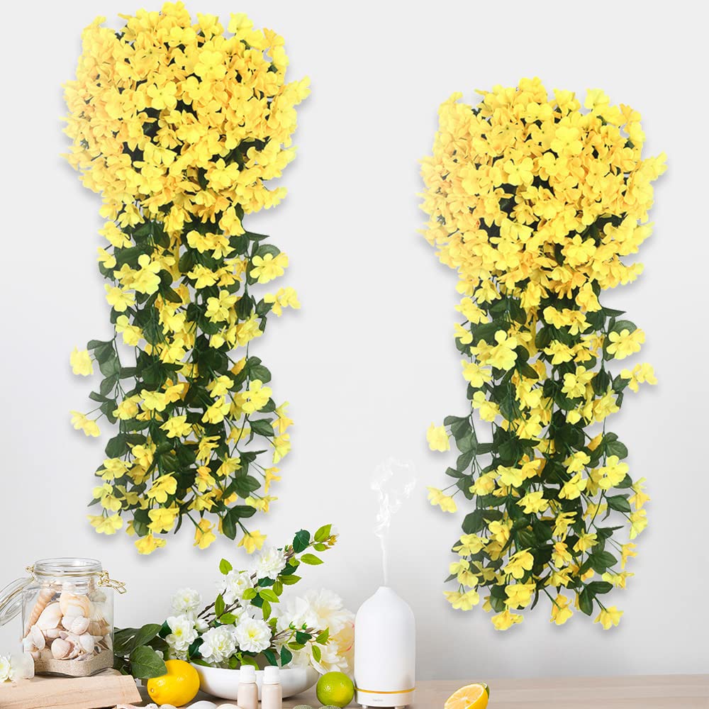Premium Artificial Hanging Orchid Bunch - Realistic Silk Violet Flower Garland for Home Decor, Wedding, Party & Office - Fake Hanging Plants Bouquet (2 Pack, Yellow) - Perfect for Indoor/Outdoor Decorations, Wall Hangings & Event Centerpieces