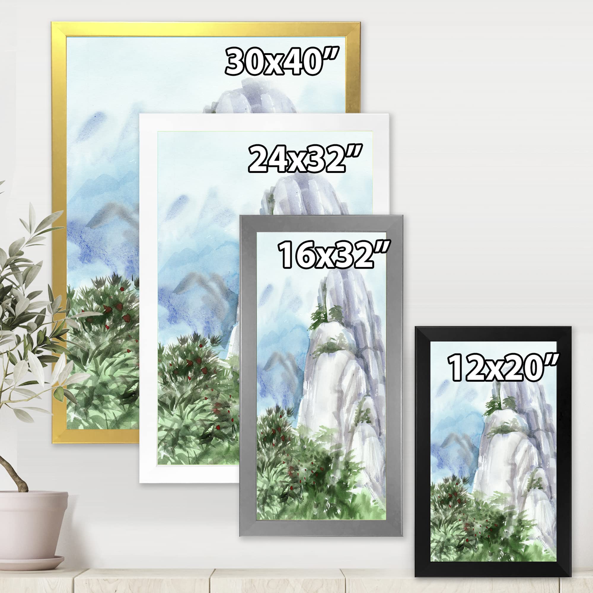 DesignQ Traditional Framed Wall Art - Mountain Top in The Clouds Landscape Painting - Perfect for Living Room, Bedroom & Office Decor