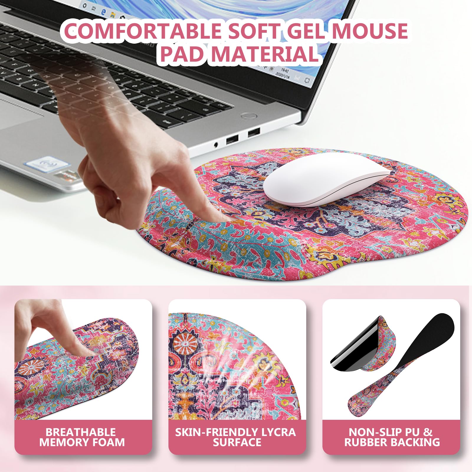 iLeadon 4-in-1 Boho Mouse Pad Set with Wrist Rest - Large Desk Mat, Keyboard Pad & Coaster - Ergonomic Computer Accessories for Home Office - Fuchsia Rug Design (Perfect for Workstations, Gaming & Productivity)
