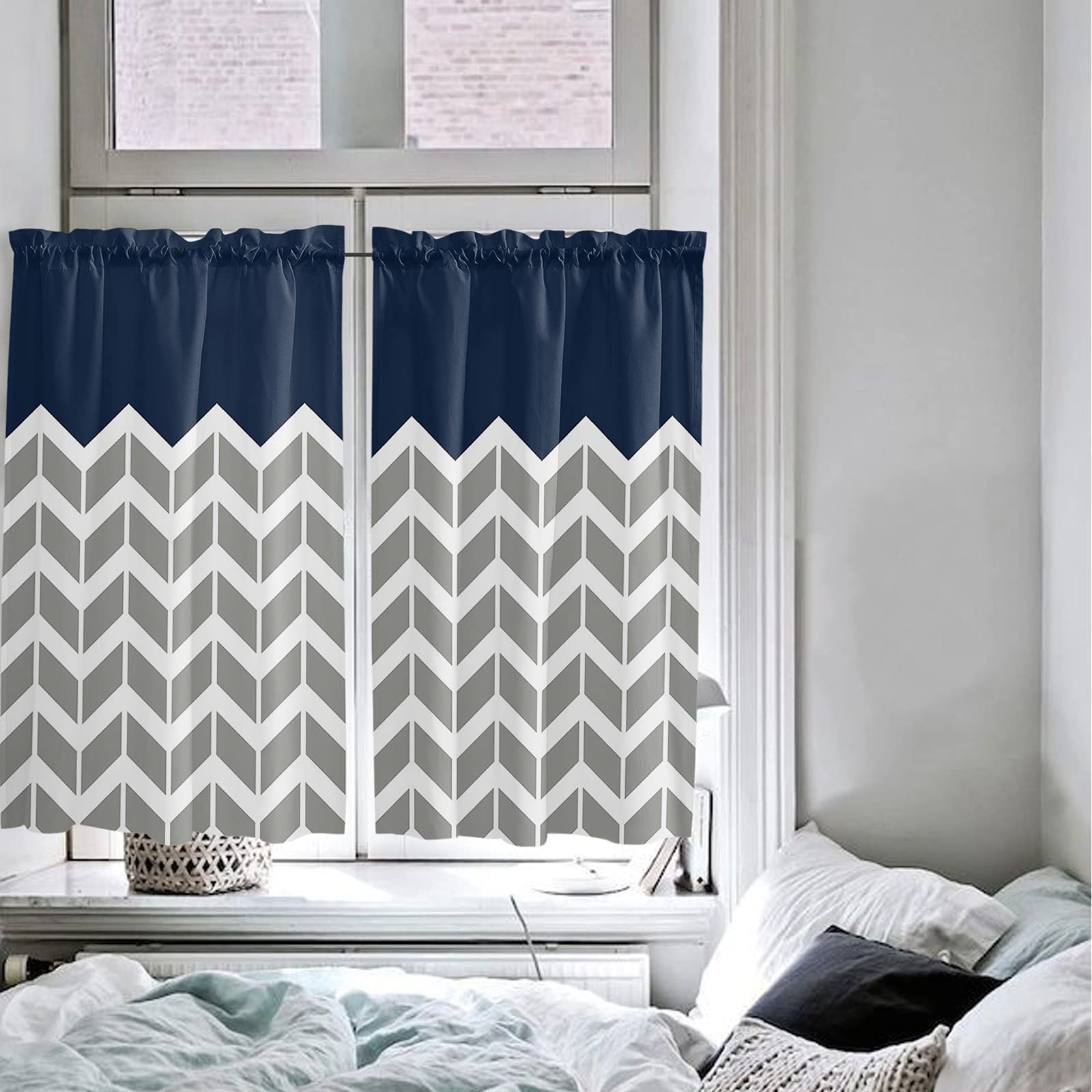 Navy Blue Geometric Chevron Herringbone Kitchen Curtains - 45 Inch Length, 2 Panel Set with Rod Pocket for Windows, Cafe & Tier Style - Perfect for Kitchen, Dining Room & Small Windows