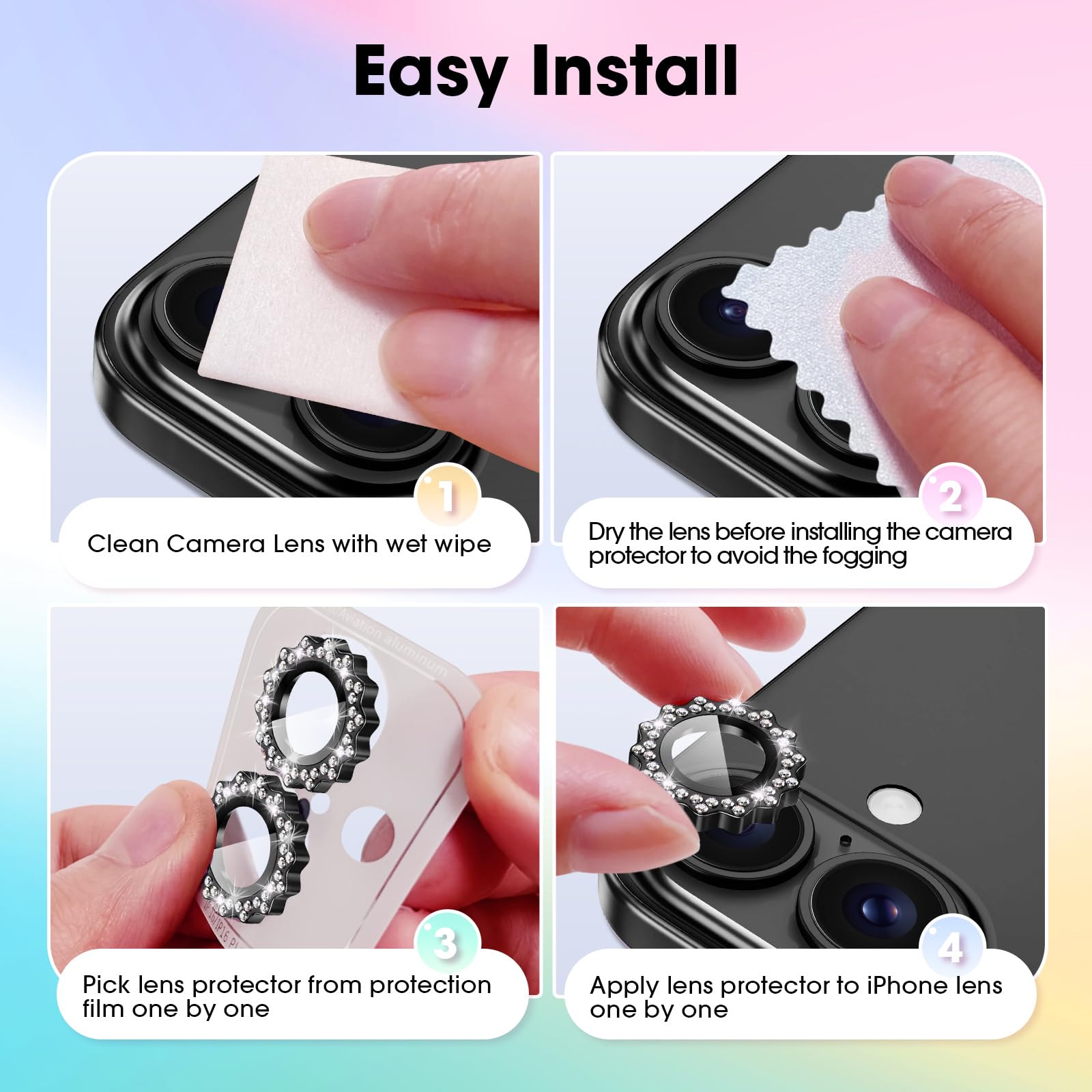 Xfilm iPhone 16/16 Plus Camera Lens Protector - 9H Hardness Scratchproof Cover with Diamond Ring Sun Design | Stylish & Case Friendly Phone Accessories | Perfect for Outdoor Photography, Travel & Daily Protection (Black)