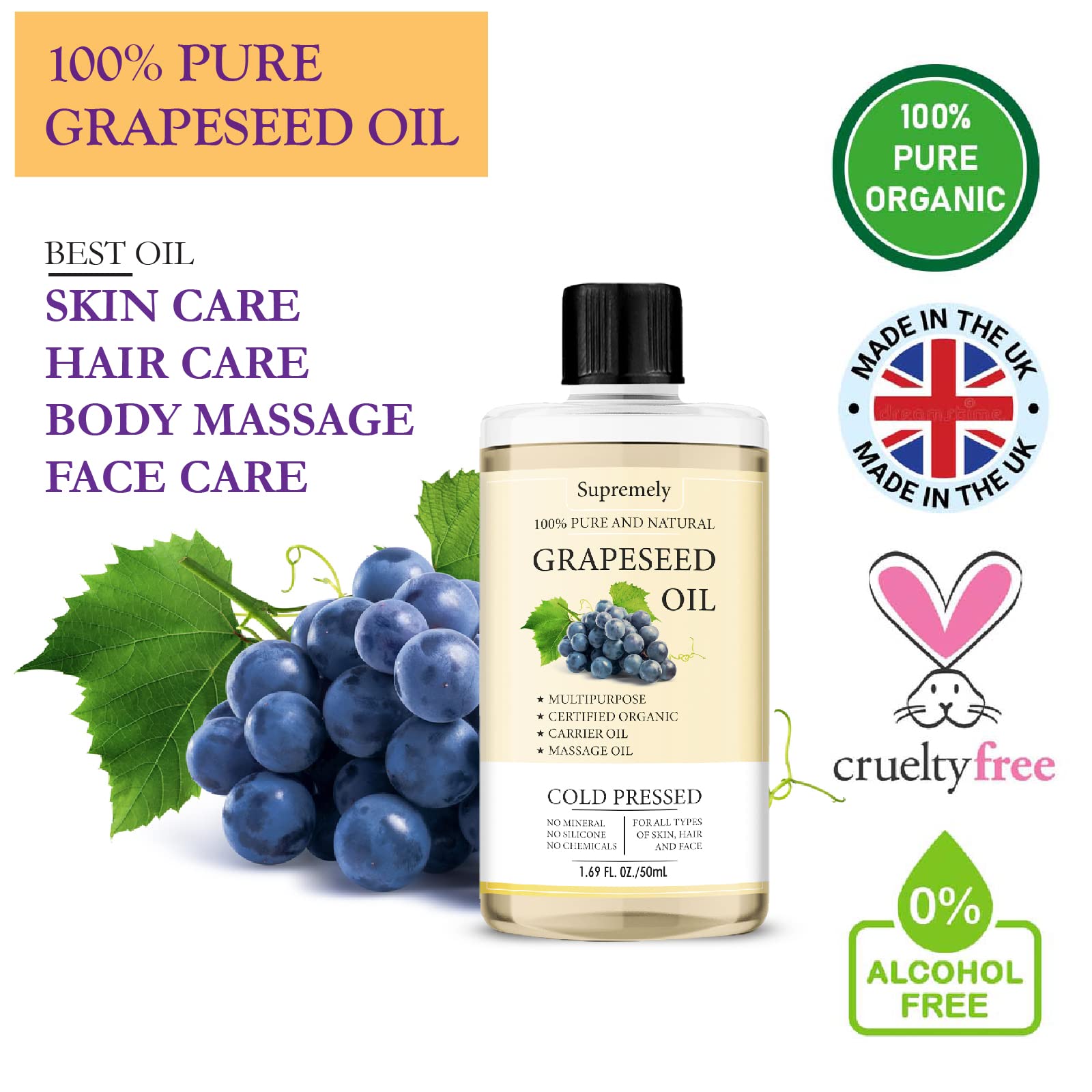 100% Pure Cold Pressed Grapeseed Oil - Natural Carrier Oil for Skin & Hair Care - 50ml - Perfect for Massage, DIY Beauty Recipes & Aromatherapy