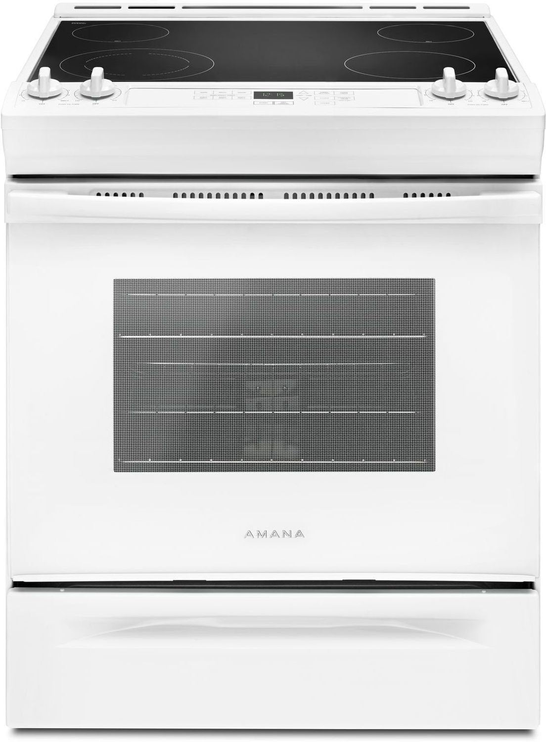Amana 30-Inch White Slide-In Electric Range - 4.8 Cu. Ft. Capacity, 5 Burner Cooktop, Self-Cleaning Oven (Model YAES6603SFW) - Perfect for Modern Kitchens & Family Cooking