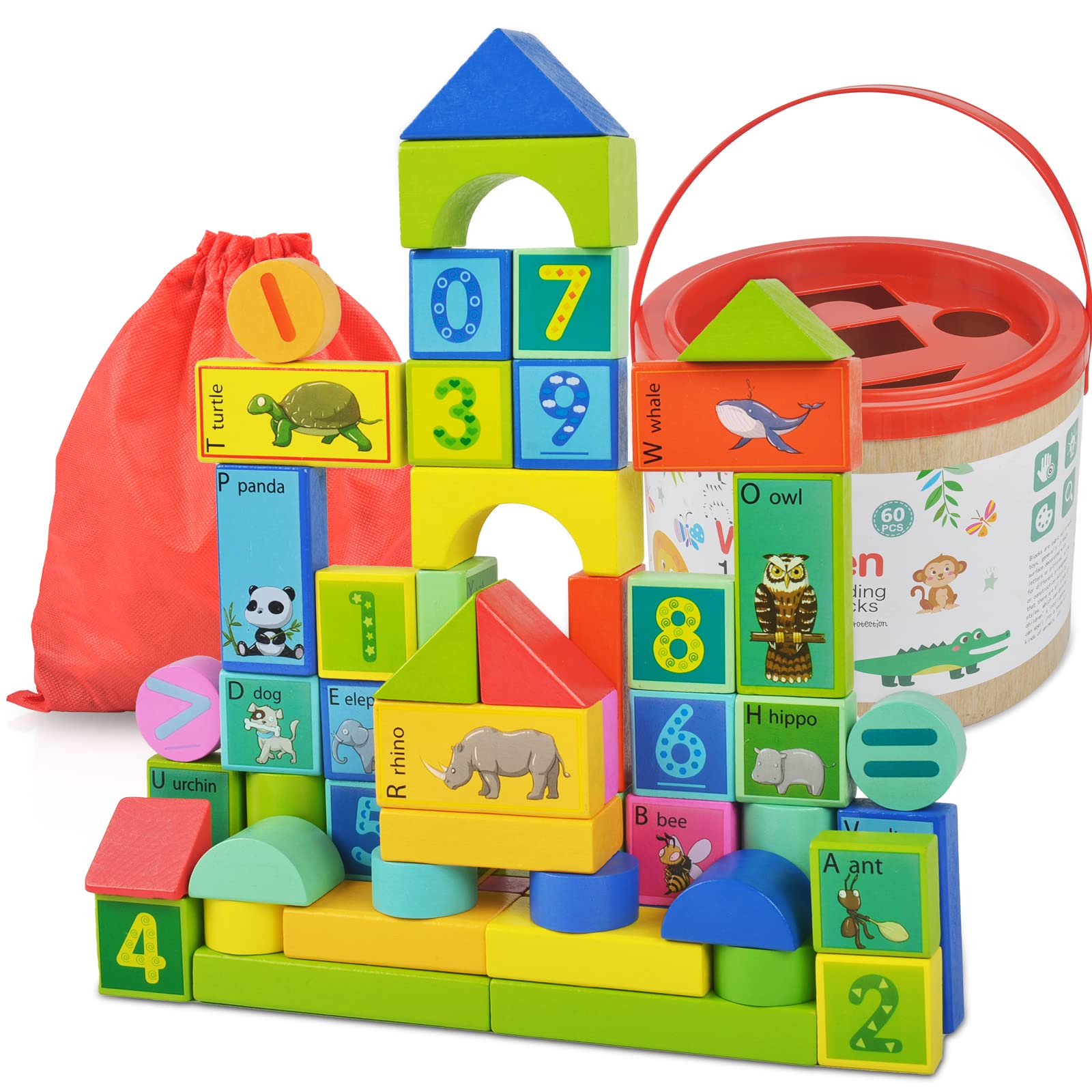 60 PCS Wooden Building Blocks for Toddlers - Educational Stacking Toys for Kids Ages 3-8 | Preschool Learning Toys for Boys & Girls | Perfect for Classroom, Birthday Gifts & Montessori Activities