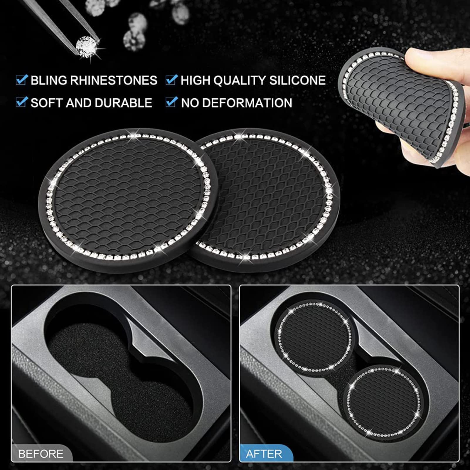 8 Pack Bling Steering Wheel Cover for Women - Universal Diamond Car Accessories Set with Keyring, Coaster, Crystal Emblem Stickers & Seat Hook | Sparkling Car Decor for Girls | Perfect for Daily Commute & Road Trips (White)