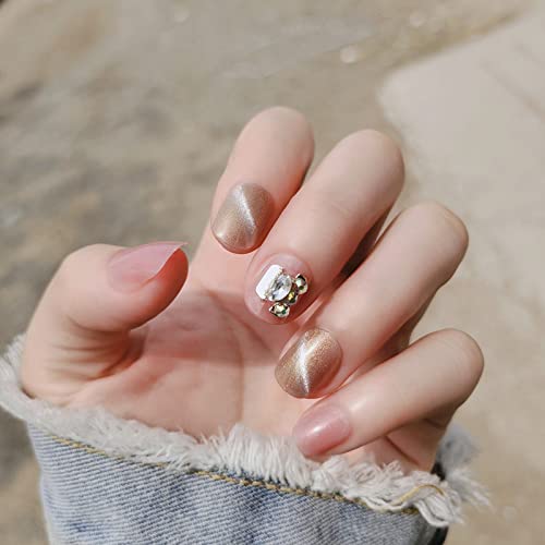 24pcs Golden Cat Eye Fake Nails with Glue - Short Fashion False Nails for Manicure, Easy to Apply & Wearable Nail Patches | Perfect for Parties, Weddings, and Everyday Glam Looks
